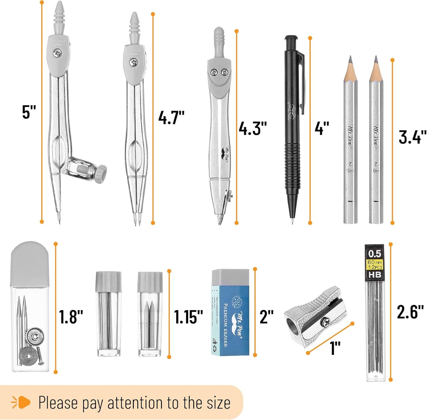 Mr. Pen- Geometry Set, 15 pcs, Light Grey, 6 Inch Swing Arm Protractor, Divider, Set Squares, Ruler, Compasses and Protractor