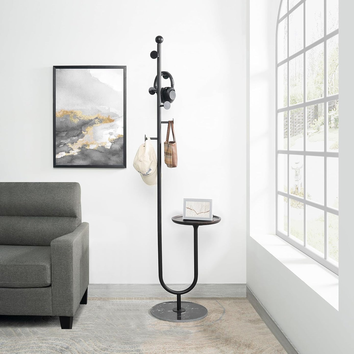Coat Rack Stand, Metal Coat Tree with Bamboo Tray & 6 Hooks, Heavy Duty Marble Base Corner Coat Stand for Bedroom Hallway Entryway Living Room Office 13.78 x 13.78 x 68.11 Inches (Black) - Lumora Desk