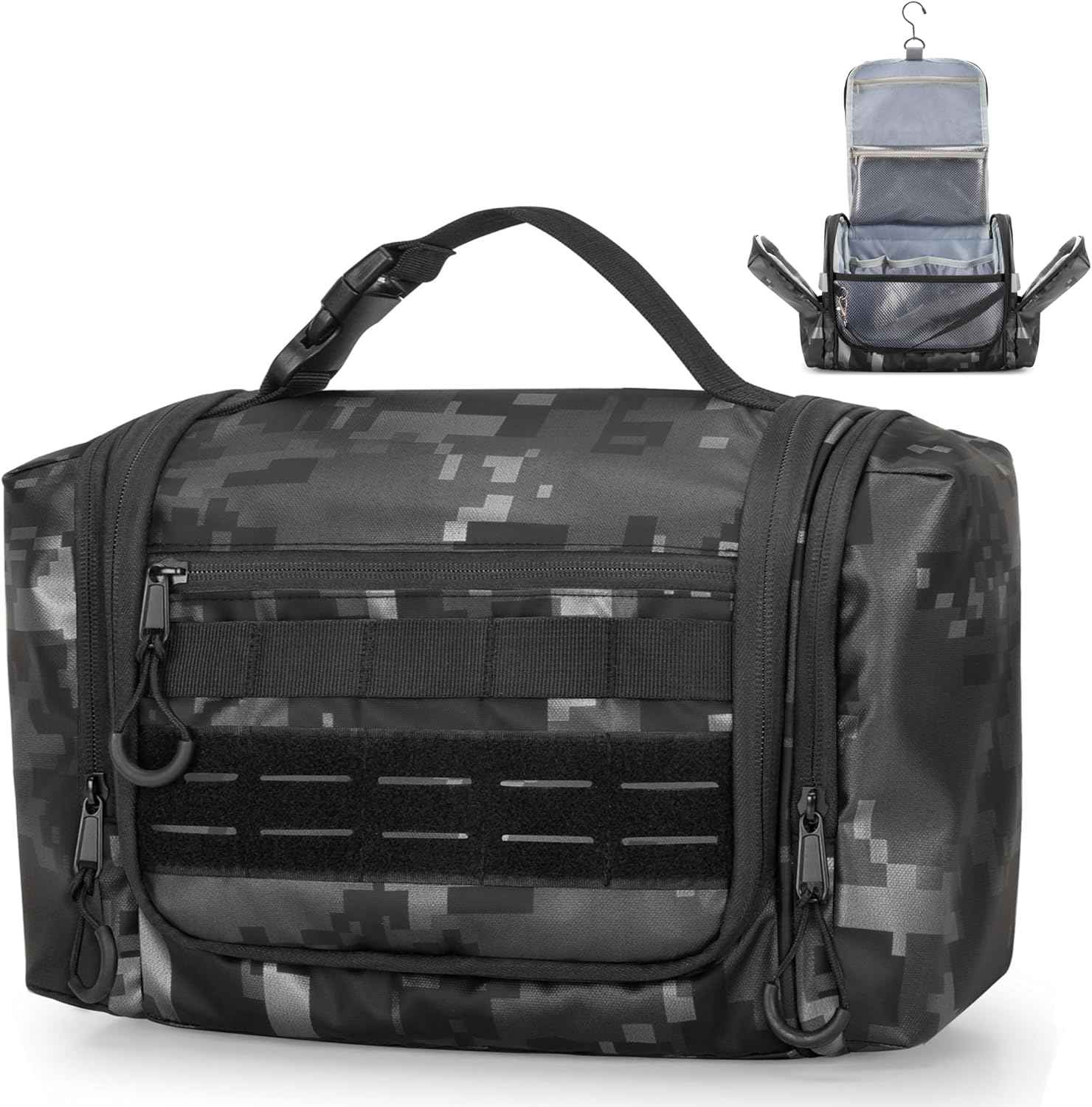 Hanging Toiletry Bag for Men, Tactical Dopp Kit Toiletry Travel Bag, Large Hygiene Organizer Shower Bag for Camping Outdoor, Black Digital