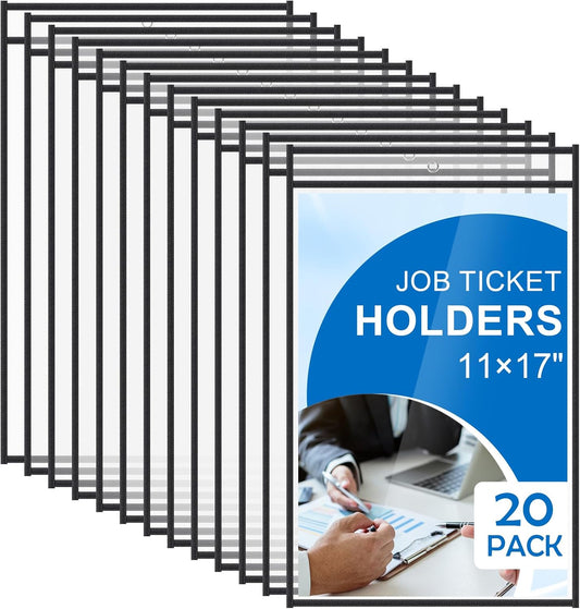20 Pack Job Ticket Holders, 19 x 12 Inch Dry Erase Pockets Paper Sleeves Reusable Shop Ticket Protectors Writable and Erasable Document Cover for Work Orders Classroom Use