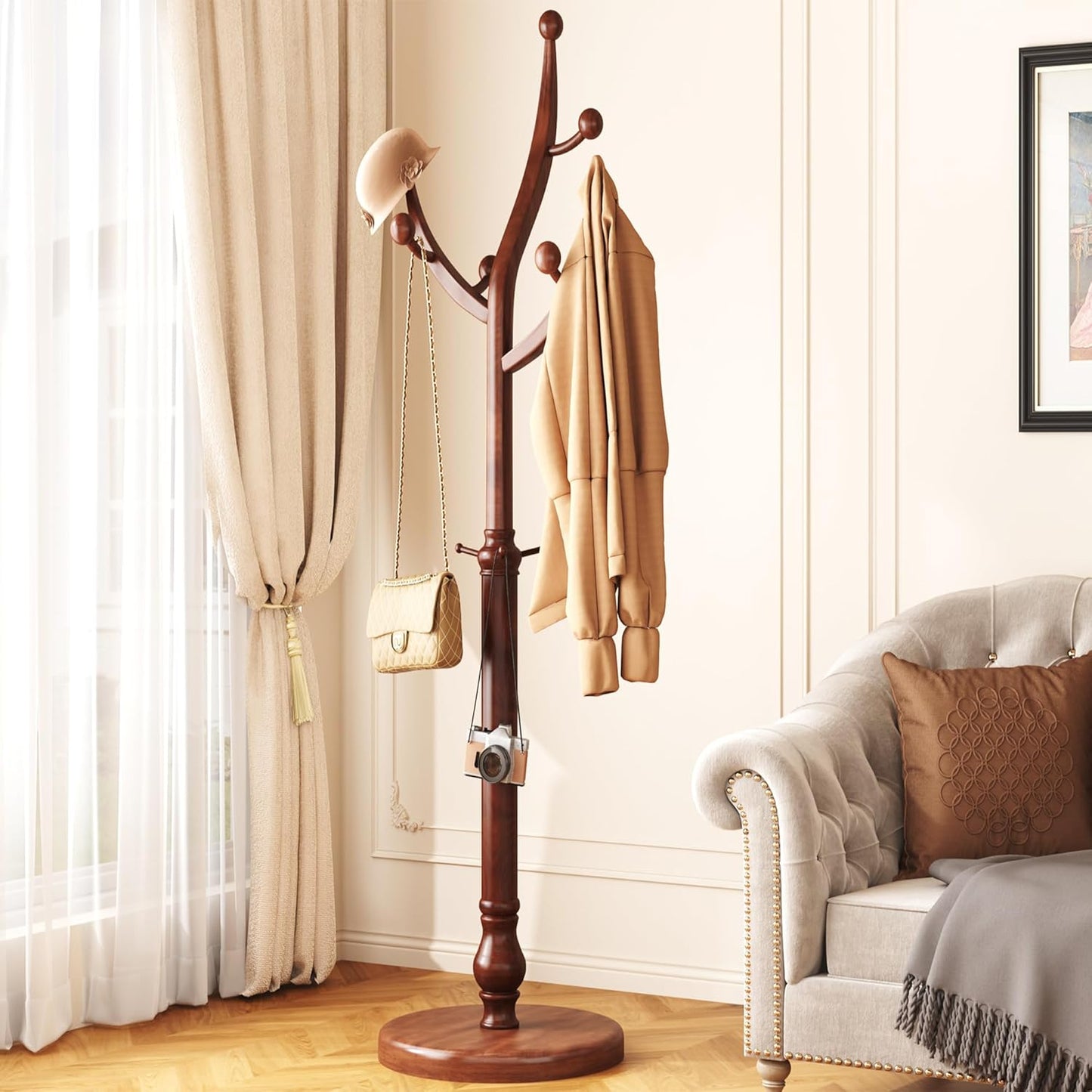 HOMEFORT Coat Rack Freestanding, Wooden Coat Tree Rack with 11 Hooks, Heavy Duty Wood Clothes Hanger with Sturdy Round Base, Vintage Coat Hat Stand for Entryway, Hallway, Bedroom,Walnut