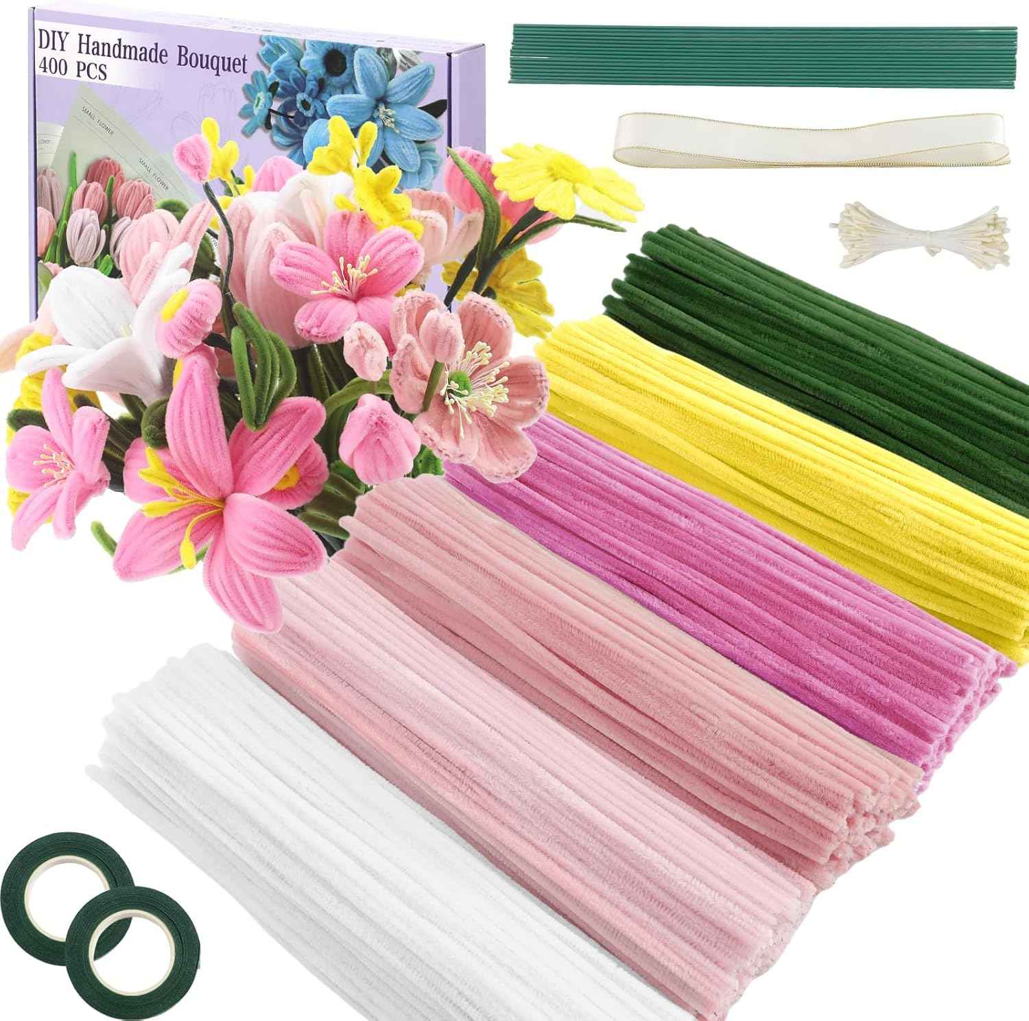 400 Pcs Pipe Cleaners Craft,6 Assorted Colors Pipe Cleaners Bulk, Chenille Stems for DIY Flower Making Kit with Floral Wires, Gardening Tape,Stamen& Ribbon (Pink Flower)