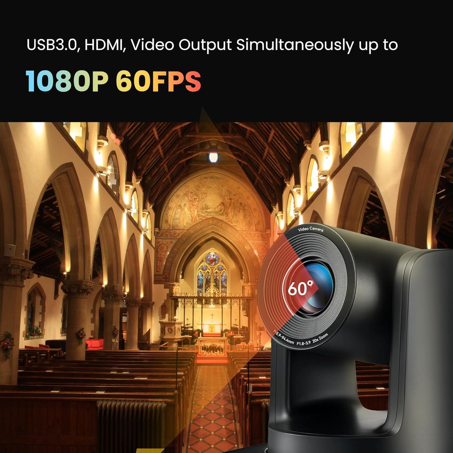 PTZ Camera 20X Optical Zoom Conference Room USB3.0 HDMI 1080P 60FPS Wide Angle for Video Conference Meeting Church Live Streaming Education Works with Zoom Webex OBS YouTube