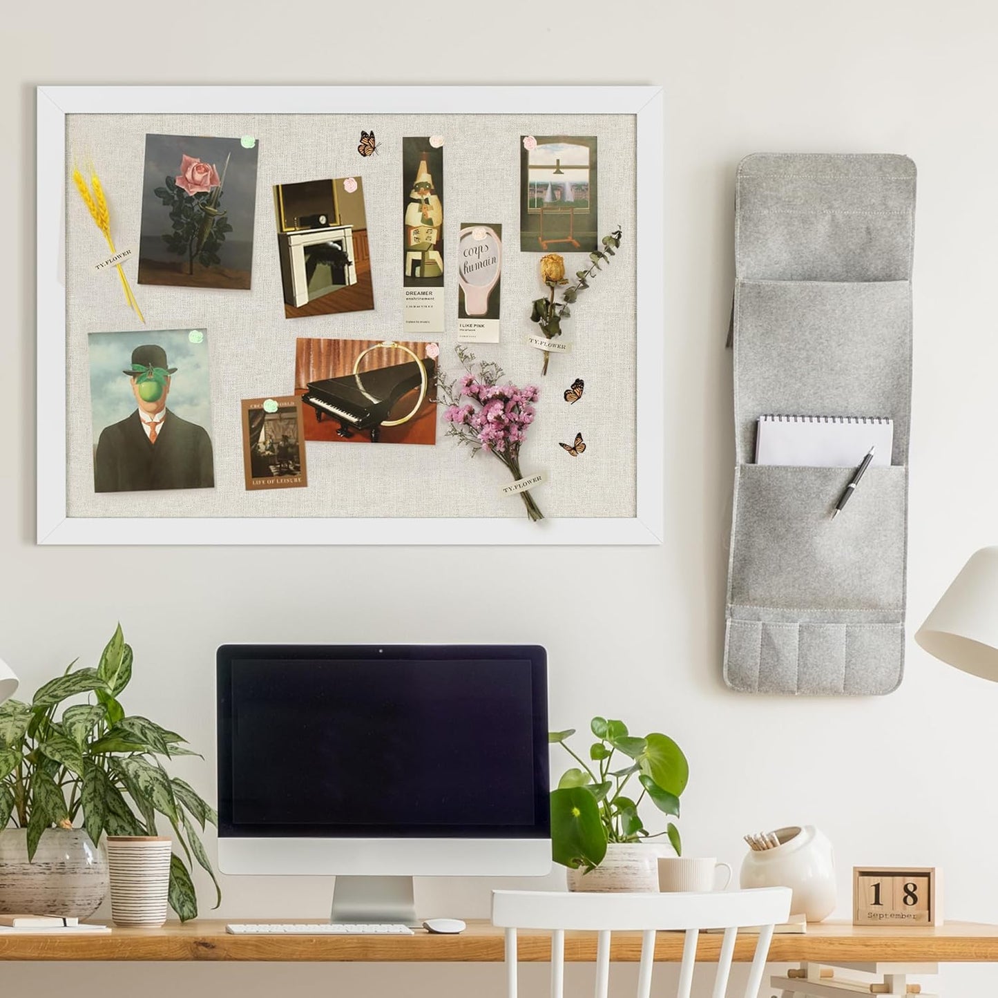 Cork Board Bulletin Board 18" x 24", 2-Pack Large Linen Corkboards with Frame for Walls, Cute Picture Display Pin Board Vision Board for Room School Office Bedroom 40 Pushpins Vintage White - Lumora Desk