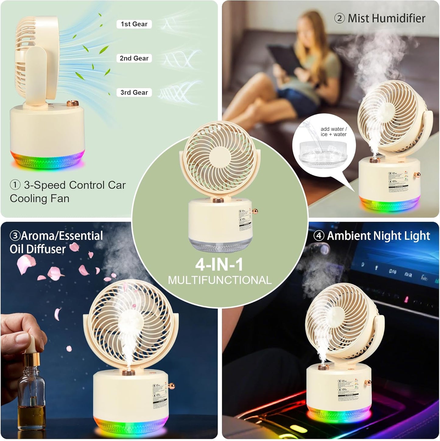 Portable Car Fan, Mist Air Cooler Spray Car Cooling Fan 3 Speeds Ultra-Quiet Mini Table Desk Fans Air Humidifier With RGB Light, USB Rechargeable Fans for SUV RV Vehicles Home Office Camping Gift