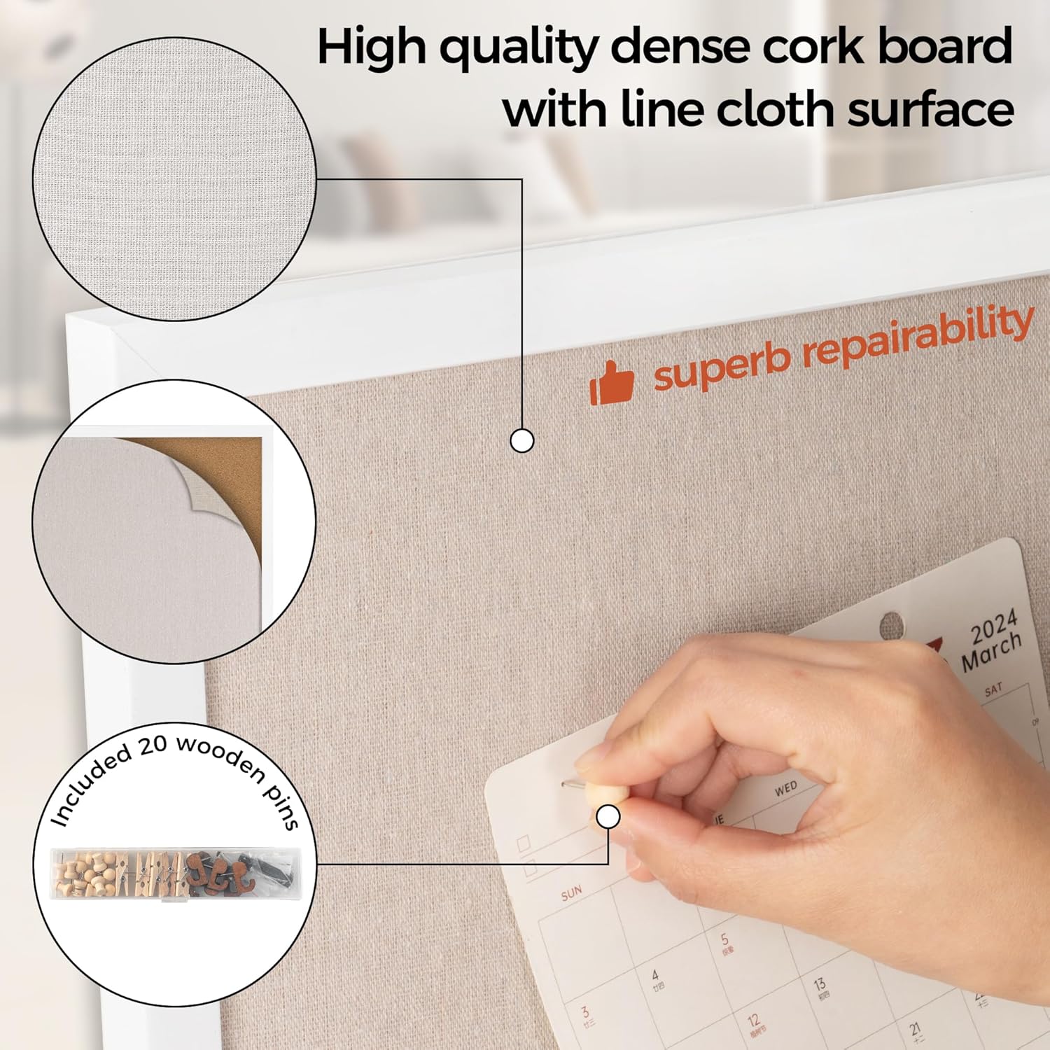 Fun Memories Cork Board Bulletin Board for Office, 20" x 30" Pine Wooden Framed Corkboard, Wall Mounted Notice Pin Board for School Home & Office, White - Lumora Desk