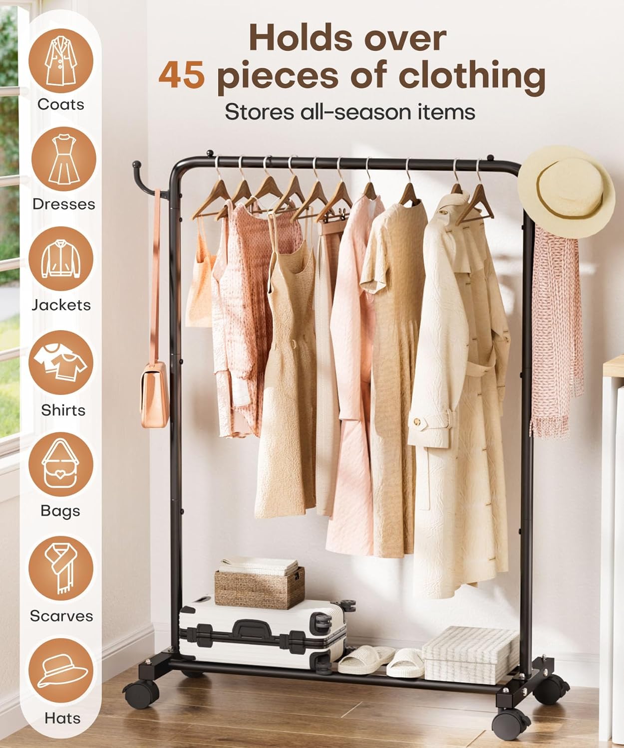 Homde Heavy Duty Clothes Rack: 120lb Standing Garment Storage for Indoor - Rolling Hanging Rod for Bedroom Laundry Room - Coat Dress Organizer on Wheels with luggage shelf (Black，32") - Lumora Desk