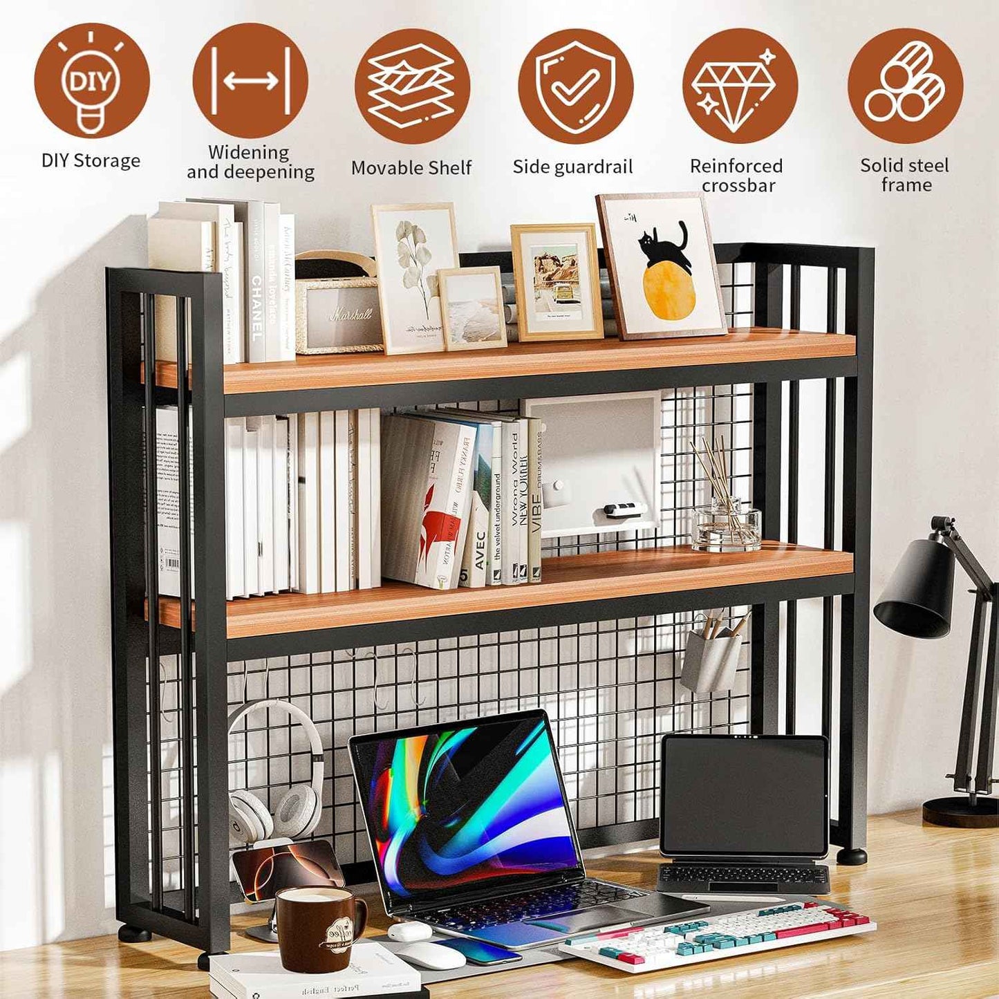 HUATOL 2-Tier Desktop Hutch Bookshelf Metal Desk Shelf, Storage Display Shelf for Computer Desk, Multifunctional Freestanding Storage Rack Display Shelf for Office, Home Decor (37.4 * 35.9 * 9.44 in)