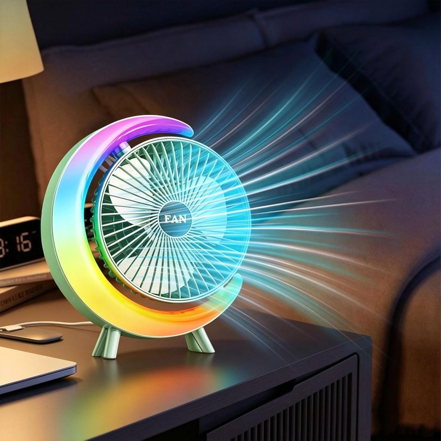 Small Quiet Desk Fan Rechargeable, Portable USB Table Fan with 5 Light Modes, 3-Speed 180° Rotation, Mini Desktop Personal Cooling Fans For Office Bedroom Kitchen Camping Dorm, Green-B