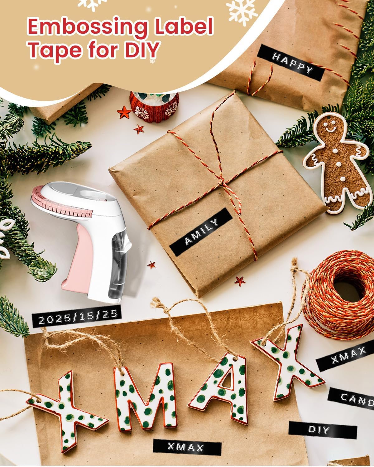 Embossing Label Maker Manual, Vintage Embossed Label Maker Pink, Retro Embosser Handheld Labeler with 3 Black Tapes 3/8Inch for DIY Scrapbooking, Kids Teachers Practical Gift, Home & Office Use