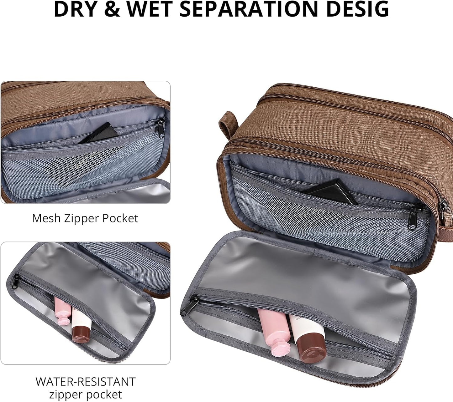 WITZMAN Canvas Toiletry Bag for Men Large Capacity Hanging Dopp kit for Men Leather Toiletries Water-resistant Bathroom Bag(A8002 Brown)