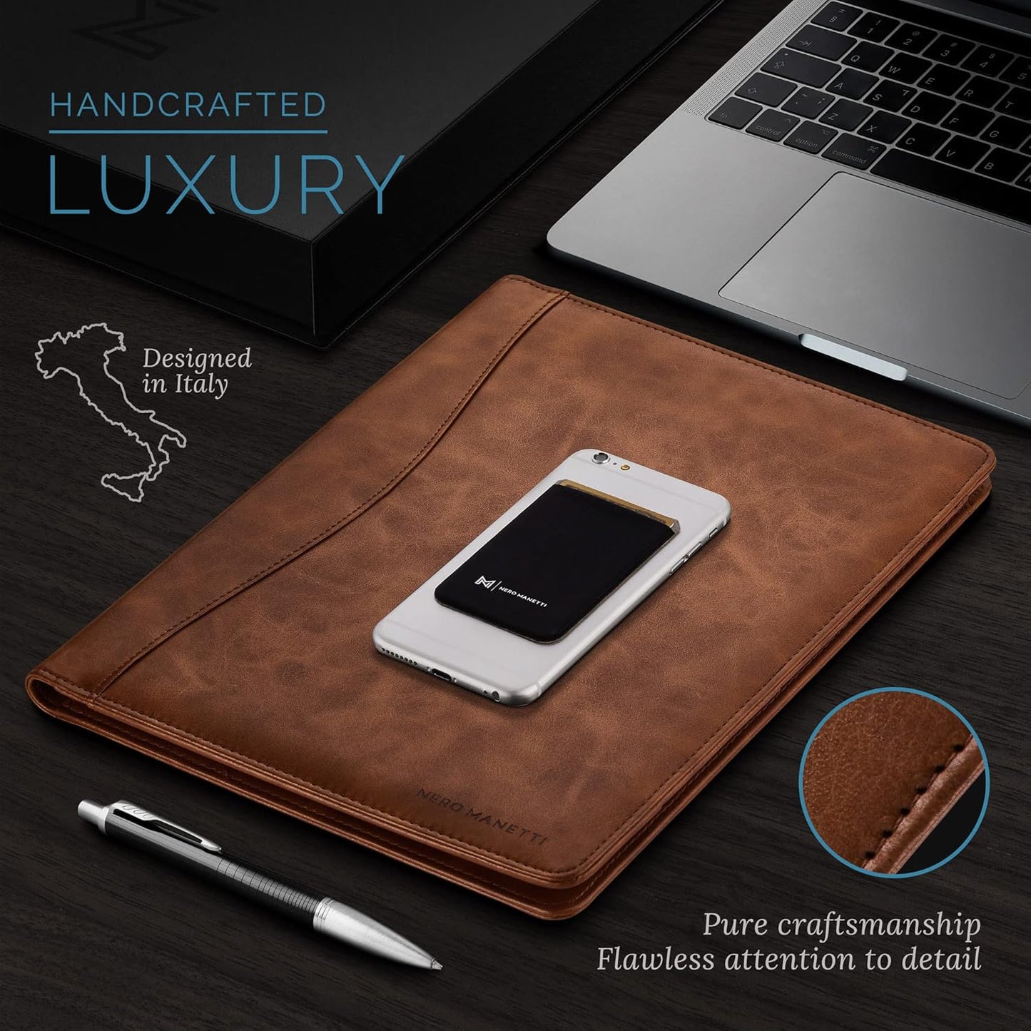 Nero Manetti - Leather Portfolio Folder - Business PU Leather Notepad Holder for Resumes, Legal Pad Executive Binder, Professional Padfolio Notebook for Women/Men (Brown)