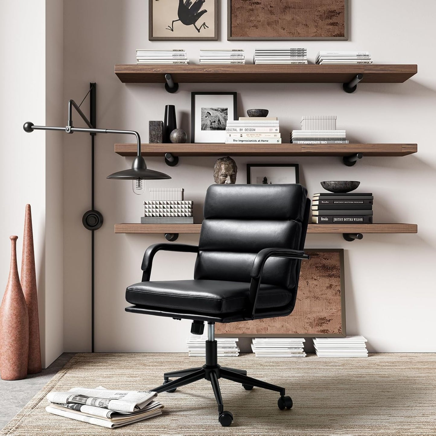 HULALA HOME Modern Faux Leather Home Office Chair with Tilt Lock & Metal Base, Desk Chair with Wheels & Padded Cushion, 360° Swivel Wide Seat Computer Task Chair, Black