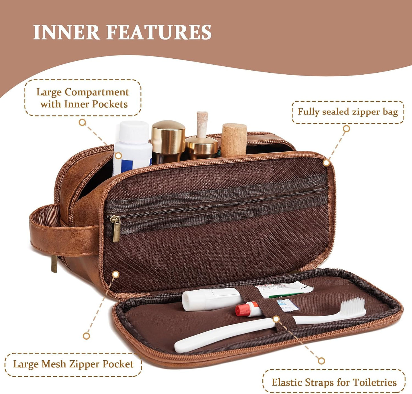 Janhavi Toiletry Bag For Men Waterproof, Groomsmen Gifts Personalized Leather Engraved Initials & Wheat, Mens Toiletry Travel Bag, Birthday Gifts For Men (Medium, Yellow Brown, A)