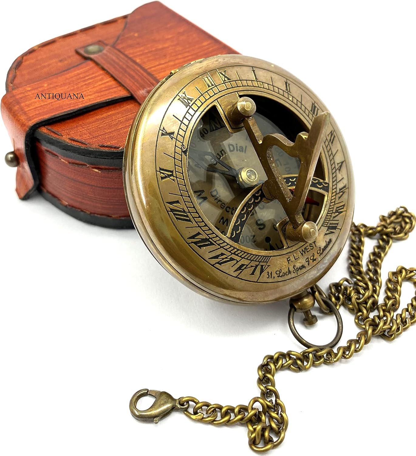 Antique Brass & Copper Sundial Compass, Sundial Clock in Box Gift Sun Clock Ship Replica Watch, Nautical Gifts for Men, Unique Nautical Decor, Naval Maritime Sundial (#6 Antique Push Button)