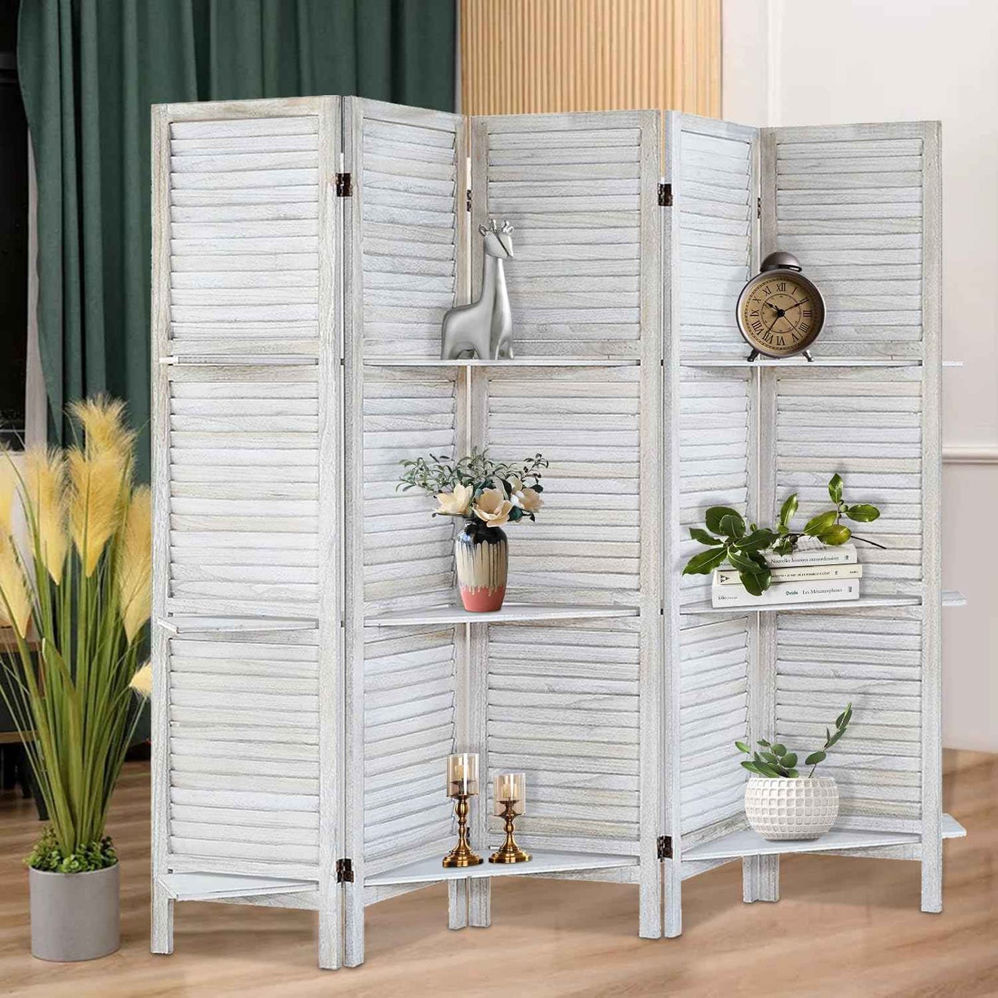 Room Divider with Shelves, Privacy Screen, Room Dividers and Folding Privacy Screens, 5 Panel Wood Temporary Wall Partition Separation Separator, Distressed White