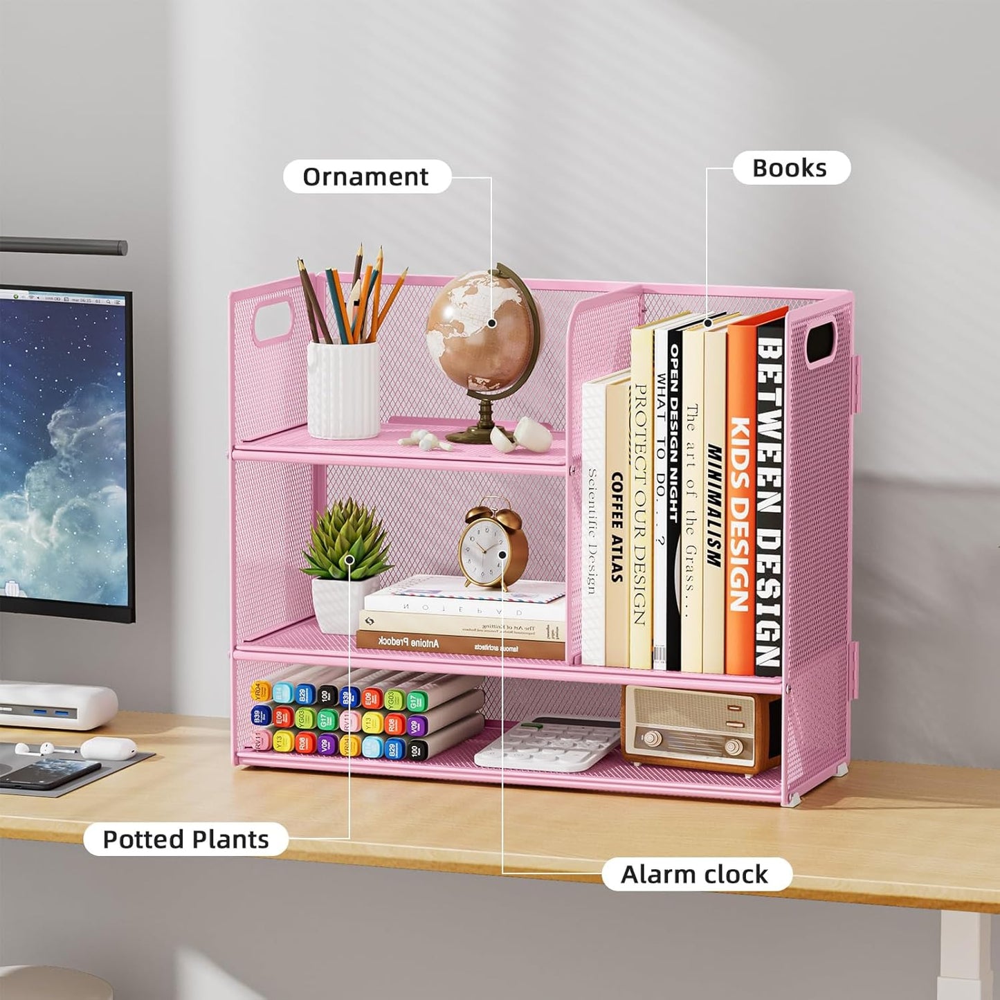 Marbrasse 3-Tier Desk Shelf Organizer with Handle, Desktop Bookshelf File Holder, Mesh Display Shelf Organizer Storage Rack for Office, Home, Supplies, Kitchen (Pink)