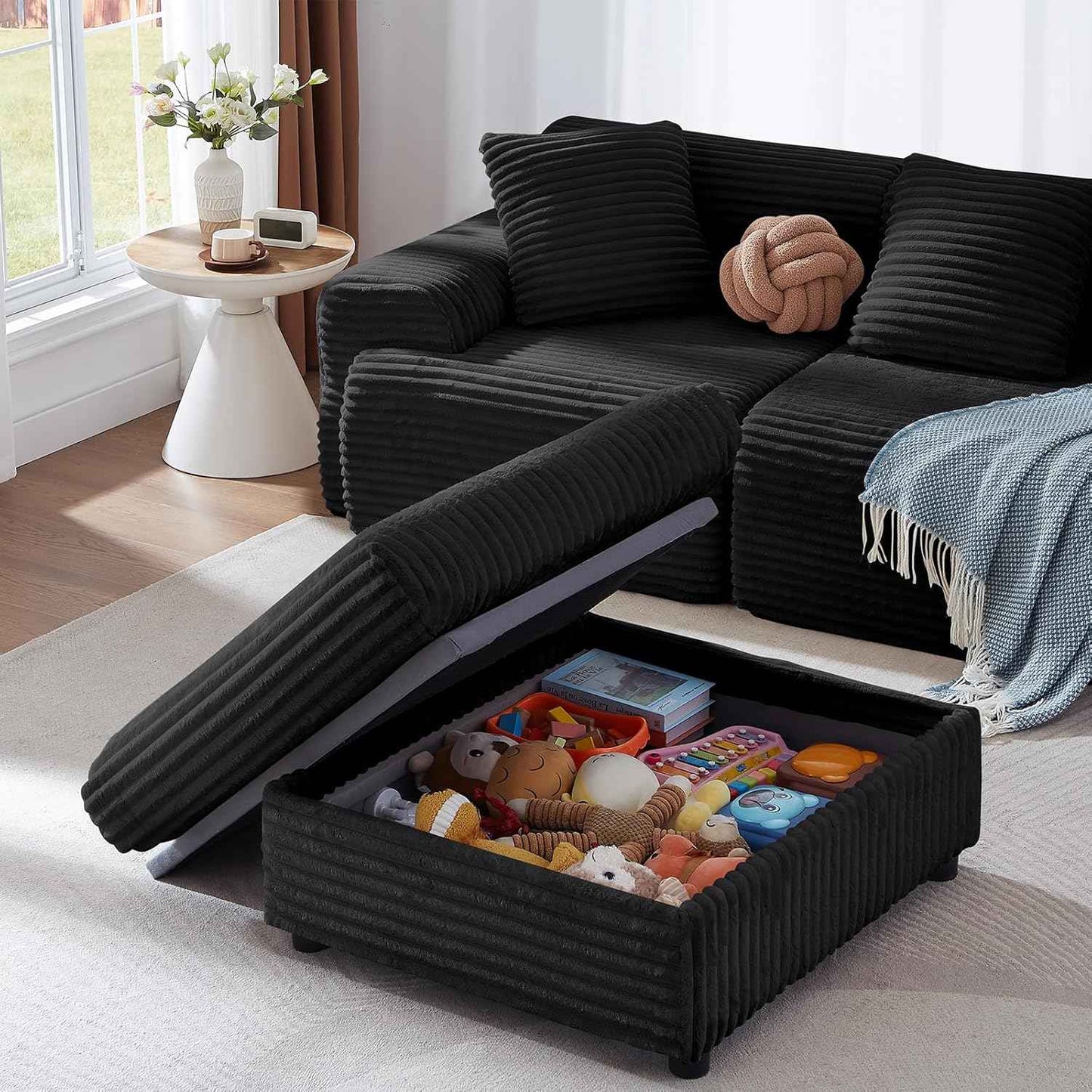 35" Corduroy Ottoman with Storage, Oversized Storage Ottoman for Living Room, Large Square Ottoman for Sofa Couch, Black