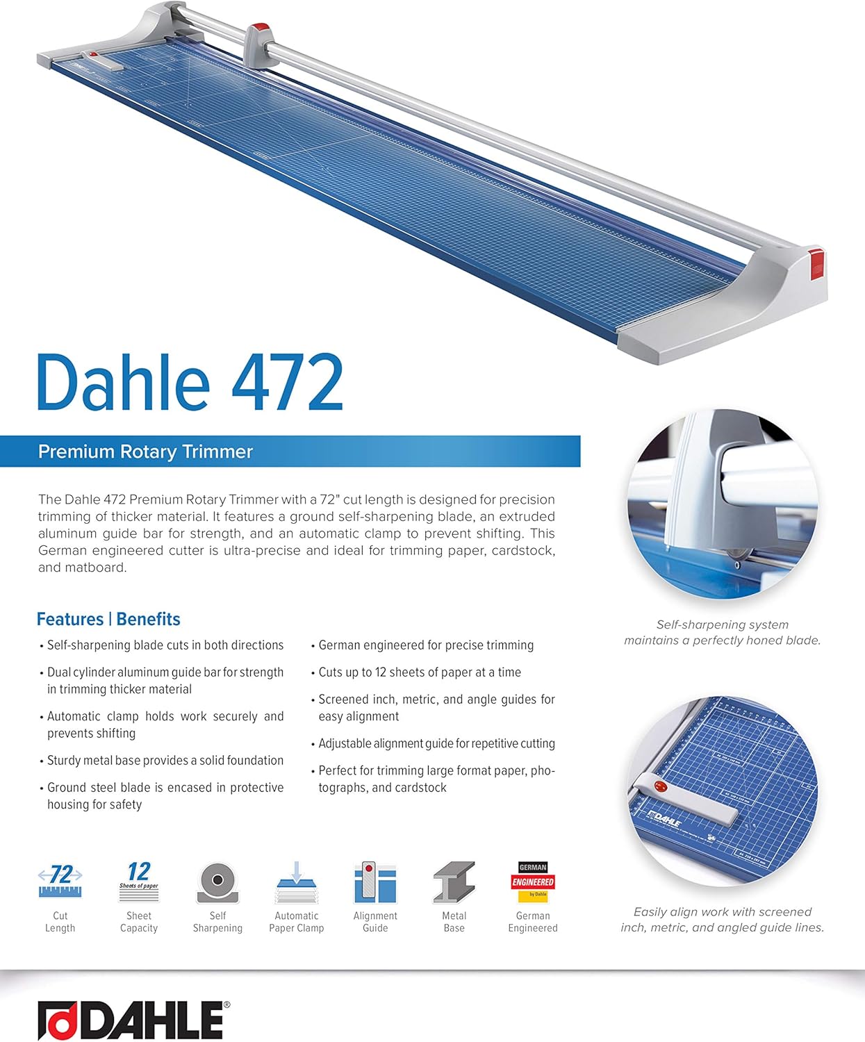 Dahle Large Format Premium Rolling Trimmer, 72" Cut Length, 12 Sheets Capacity, Cut Mat Board, Self-sharpening Blade Cuts in Both Directions, Ground Steel Blade, Automatic Clamp Holds (472)