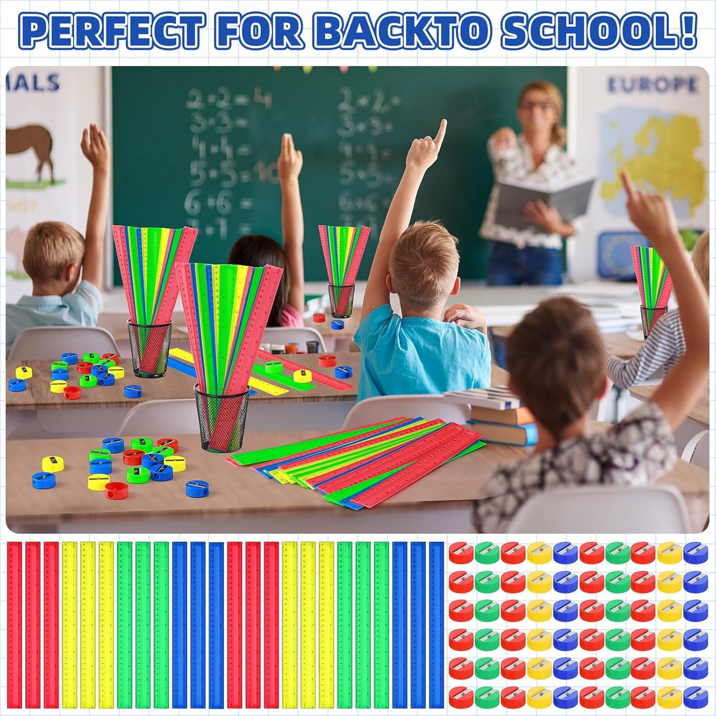 100 Pcs Plastic Rulers and 100 Pcs Mini Round Manual Pencil Sharpener Bulk, 4 Assorted Colors Pocket Sized Pencil Sharpeners Colorful Straight Ruler Back to School Supplies for Kids (Novel,12 Inch)