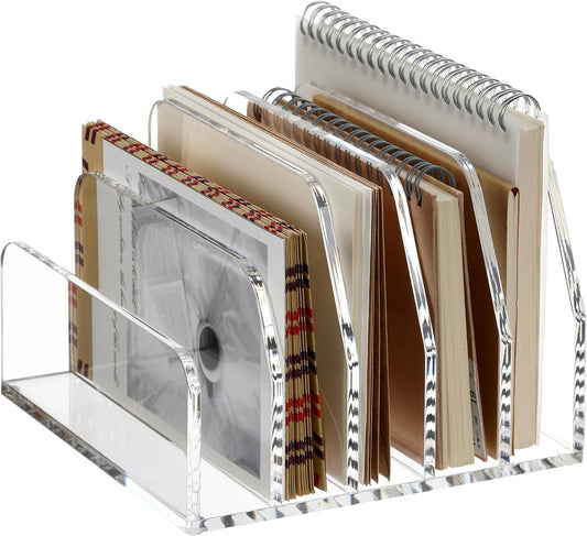 SANRUI Acrylic Desk File Organizer Holder for Desk, Clear Laddered 5 Upright Compartments Mail Sorters, Multifunction Desktop Envelope Folder Racks Document Holders for Office, Home, School