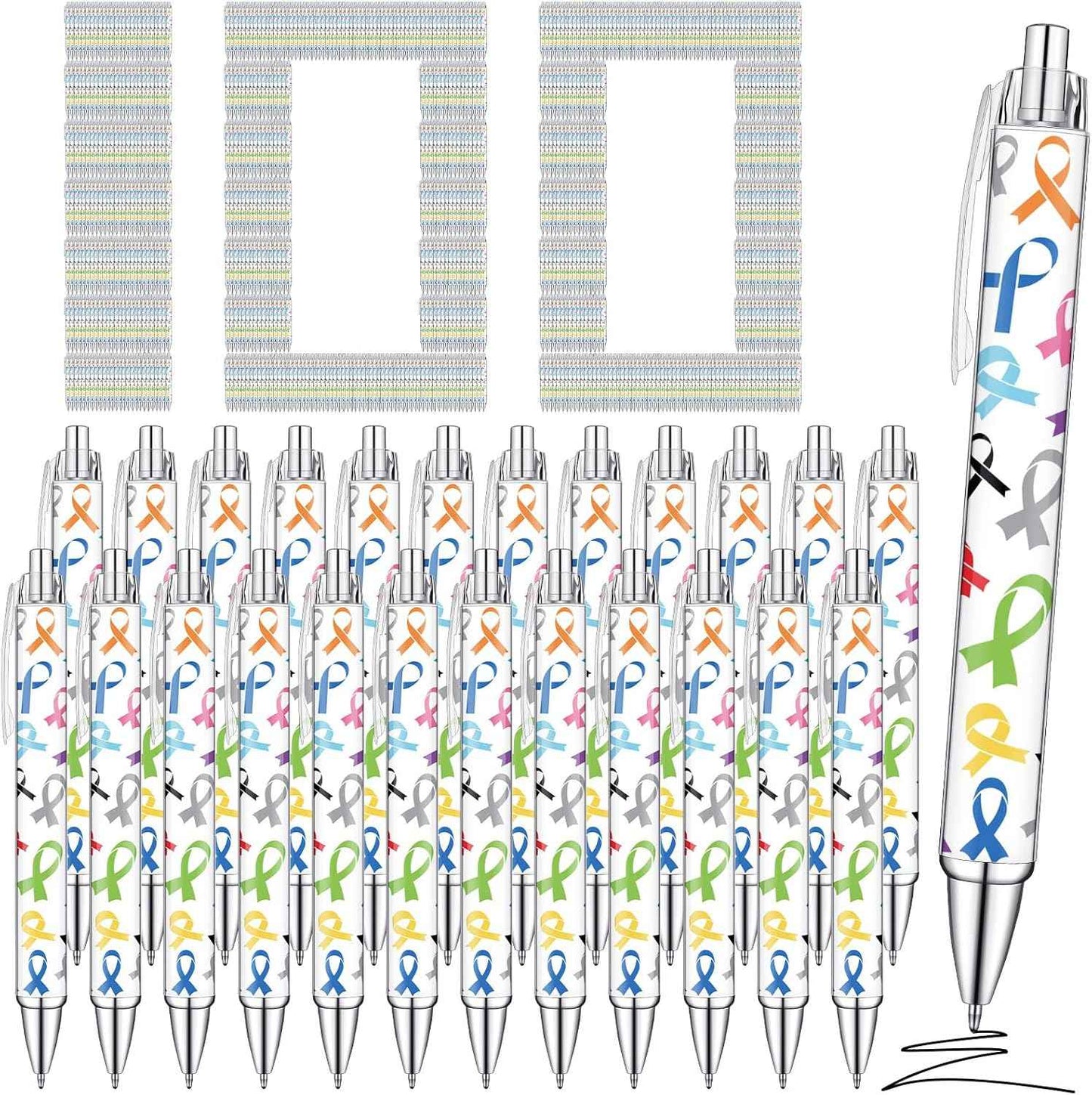 Fulmoon Cancer Awareness Ballpoint Pens Bulk Colorful Ribbon Retractable Gel Pen Black Ink Sarcoma Lung Breast Cancer Awareness Items for Public Events Charity Supplies(100)