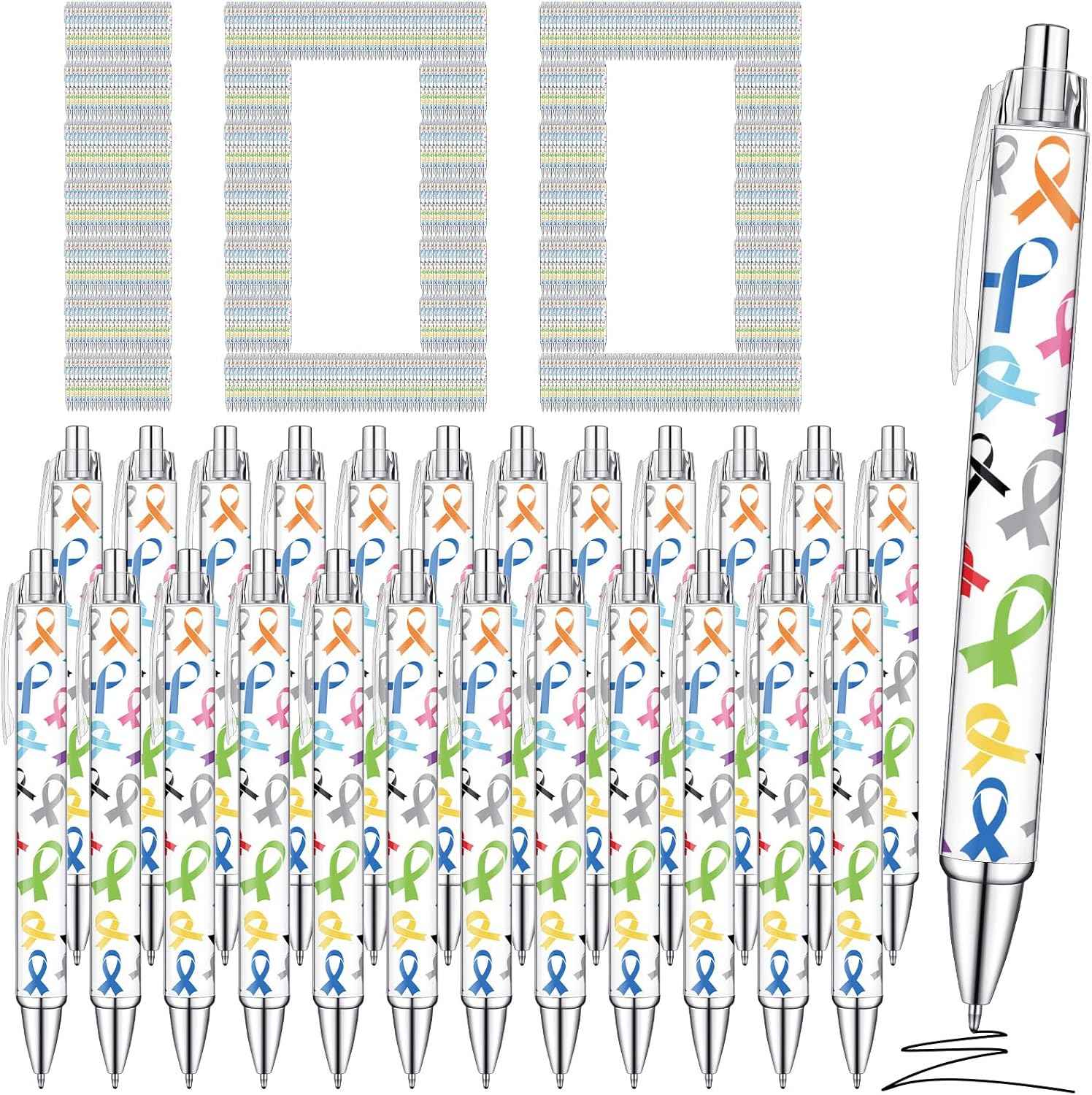 Fulmoon Cancer Awareness Ballpoint Pens Bulk Colorful Ribbon Retractable Gel Pen Black Ink Sarcoma Lung Breast Cancer Awareness Items for Public Events Charity Supplies(100)