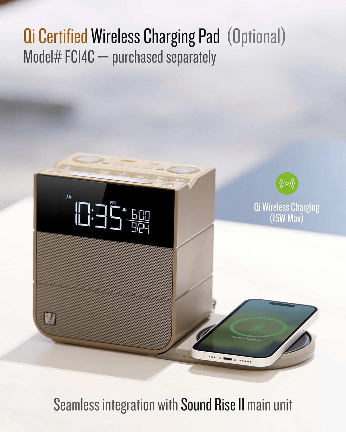 Sound Rise II, SFQ-16: Bedside Alarm Clock Radio & Bluetooth Speaker, with Large Display Screen, FM Radio, Fast USB Charging, and Nature Sound
