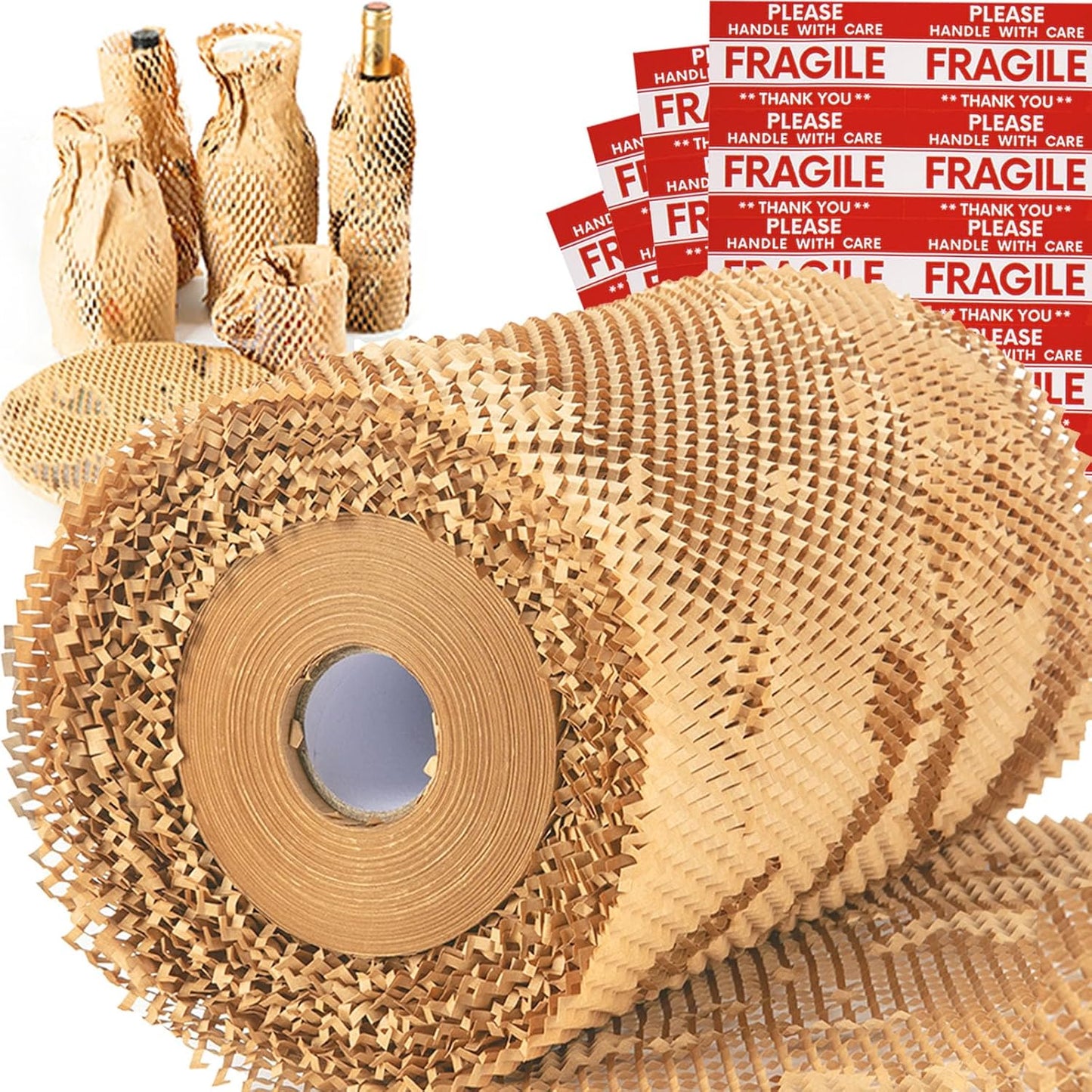 Honeycomb Packing Paper Wrap 15''x12000" (1000 ft), Substitute Alternative for Bubble Cushioning Wrap for Moving Shipping Packaging, Recyclable Moving Supplies with 48 Fragile Sticker Labels