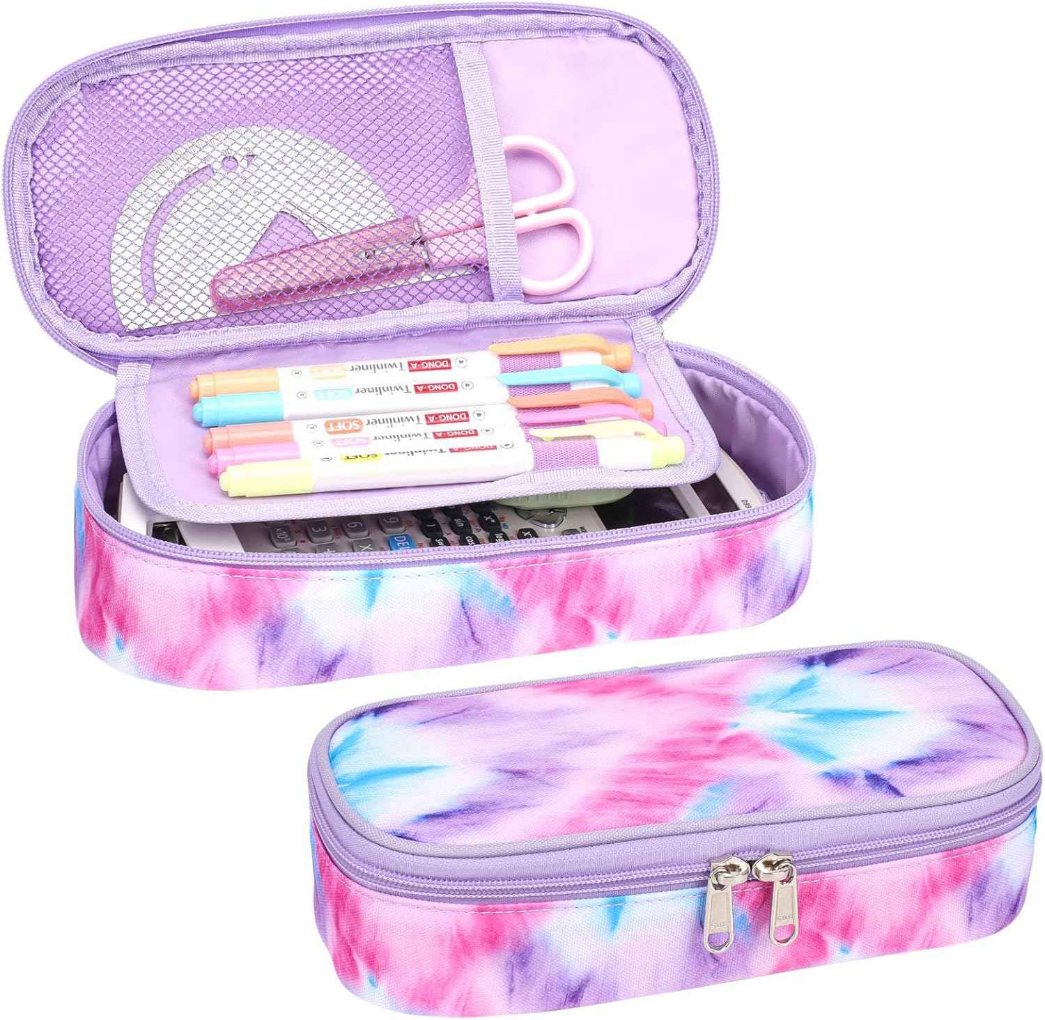 Bagseri Pencil Case for Girls - Large Capacity Pencil Case for Kids Pencil Pouch Pencil Box, Multifunction Pencil Bag with Compartments for Girls Kids Teen, Pen Case Only (Purple Pink Tie-dye)