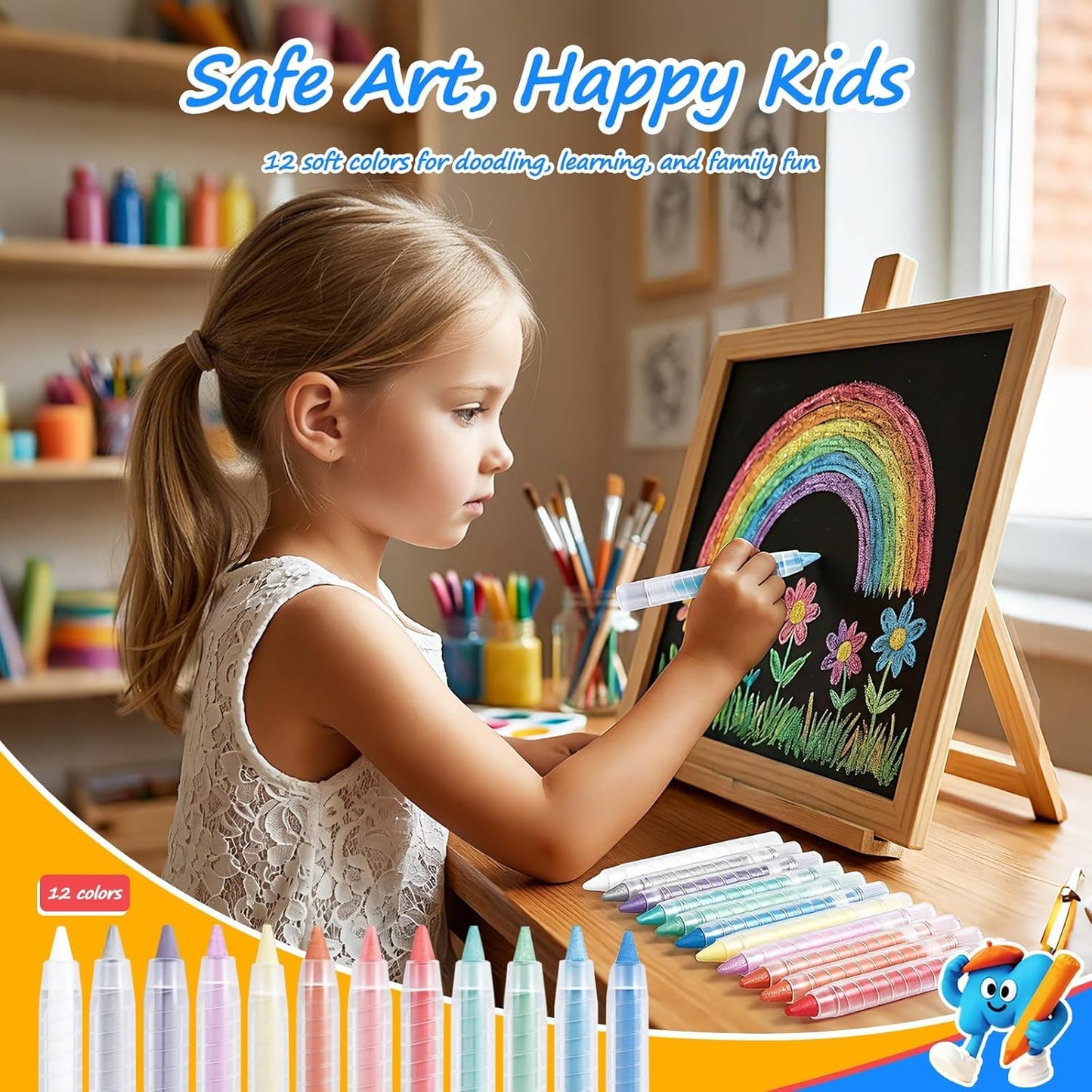 NewFamily 12-Color Dustless Chalk for Kids with Protective Holders, Washable & Non-Toxic, Smooth Writing & Easy to Erase for Chalkboard, Indoor & Outdoor Use