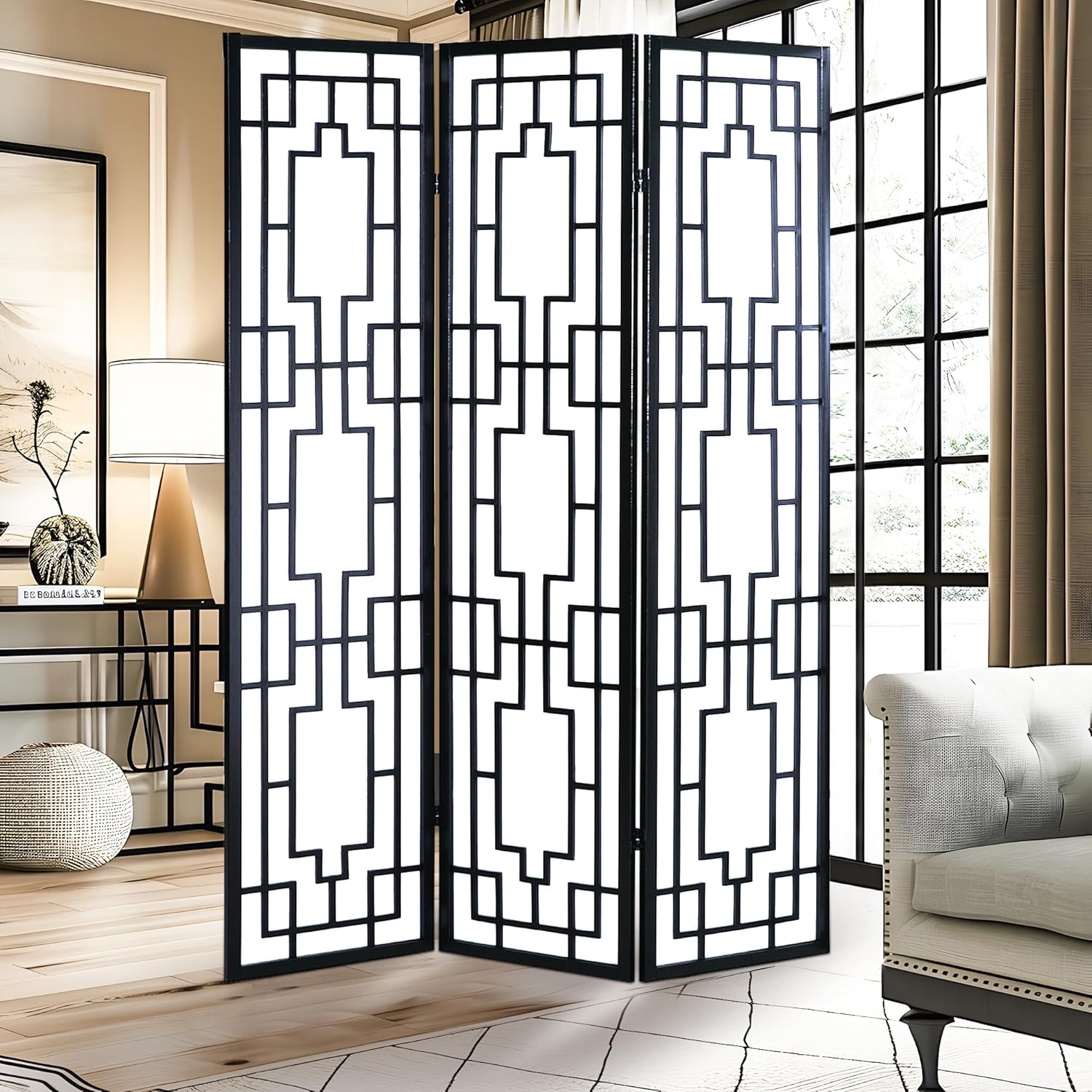 NicBex Room Divider 3 Panel Room Dividers with Geometric Lattice Design Partition Room Dividers and Folding Privacy Screens Wall Divider for Office, Room Separation,70" W x 0.8" D x 70.3" H, Black - Lumora Desk