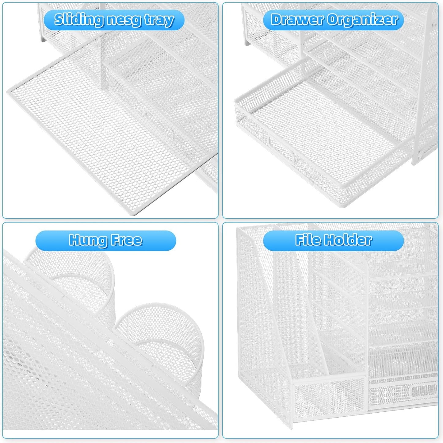 Lavatino Desk Organizer with File Holder, 5-Tier Paper Letter Tray Organizer with Sliding Drawer and 2 Pen Holder, Mesh Desktop File Organizer for Office Supplies, White