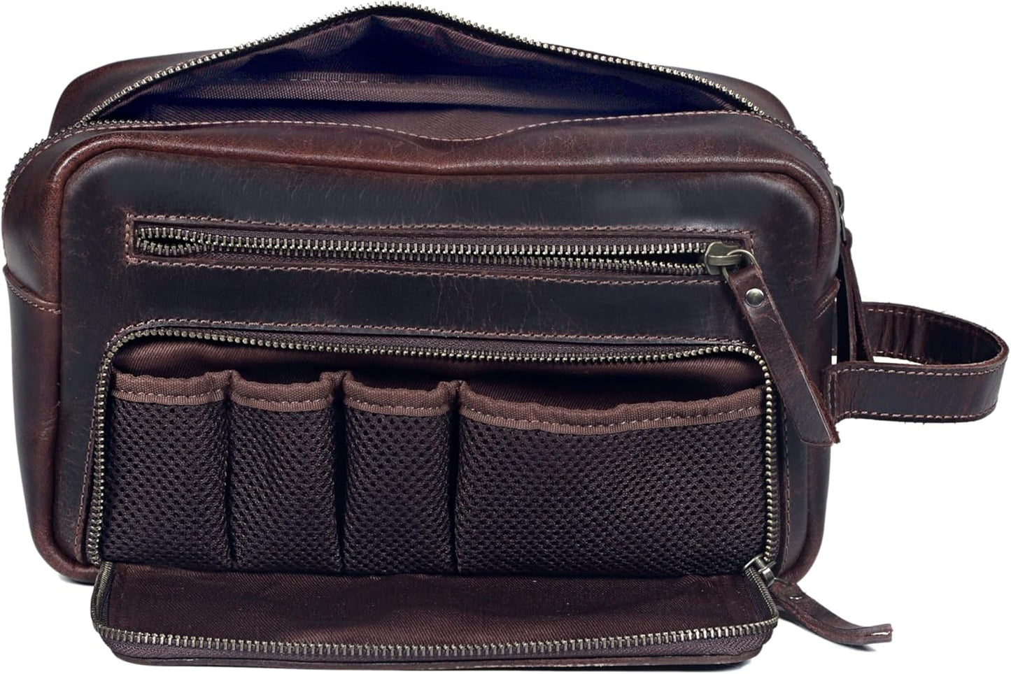 Leather Toiletry Bag for Women, Cosmetic Bag, Dopp Kit, Dark Brown, 10 x 4 x 5.5 Inch, Premium Vintage