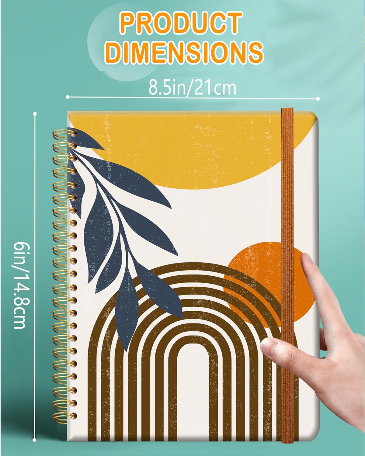 Ruled Spiral Writing Notebook,A5 Hardcover Lined College Journal for Women Lady,Fashion Puppy Watercolor Strong Twin-Wire Binding with Premium Paper,8.4" X 6",Perfect for School,Office,Home Gifts(Abstract Boho Sun Moon Leaves)