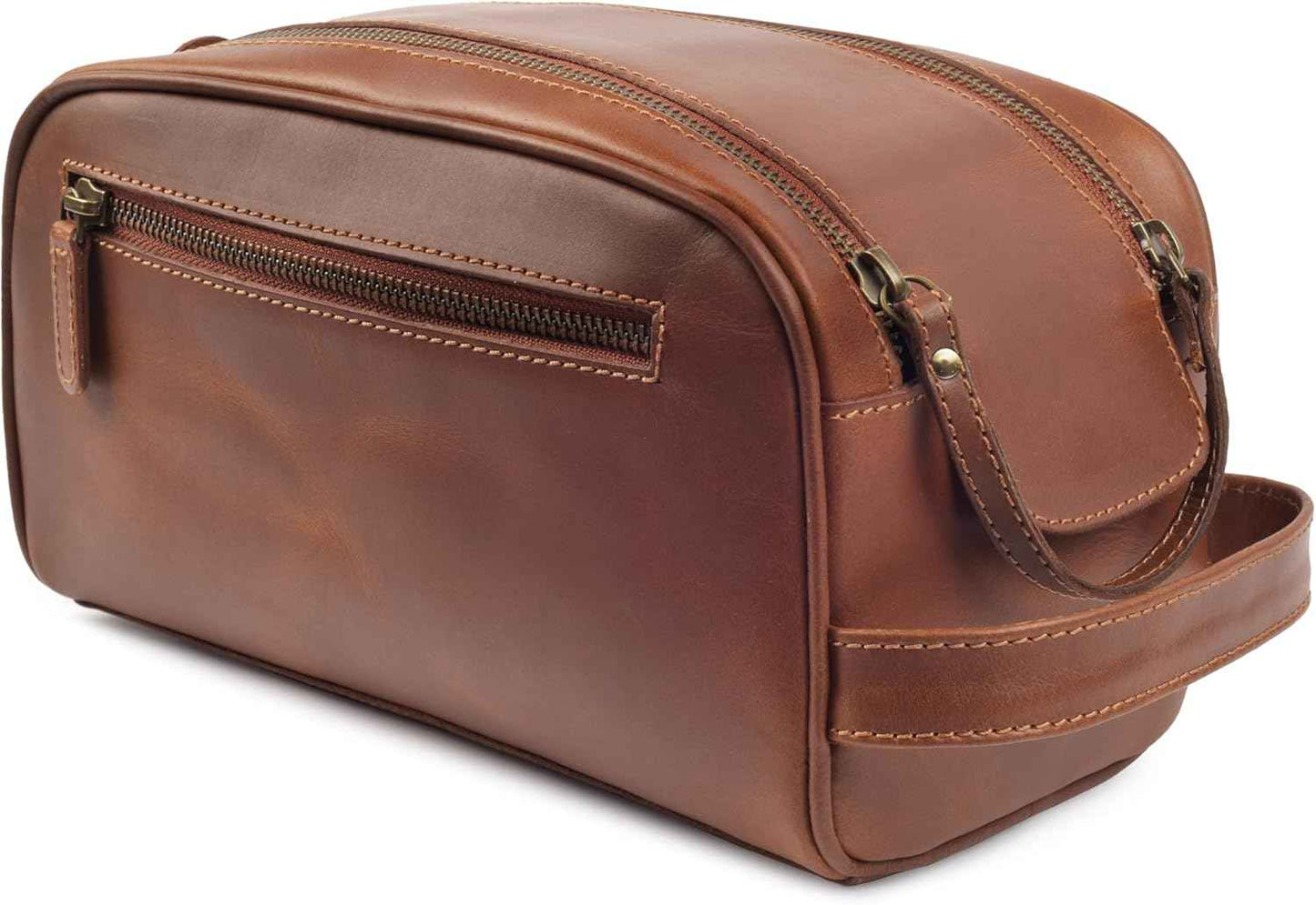 MDS® Genuine Leather Toiletry Bag for Men - Unisex Rustic Classic Vintage Handcrafted Full-Grain Leather Travel Dopp Kit with Waterproof Lining & Handle, Shaving & Grooming Kit Organizer Pouch, Tan