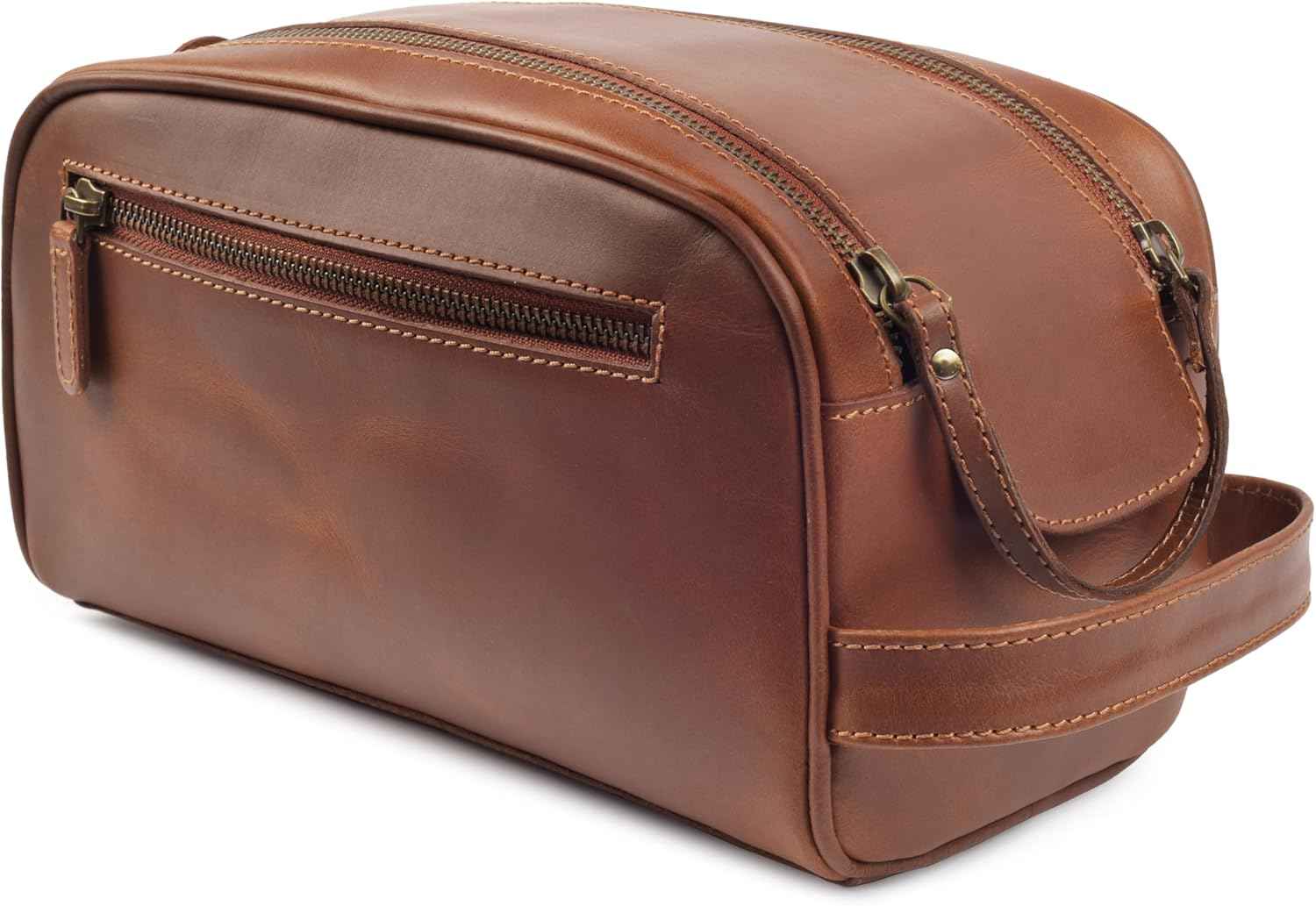 MDS® Genuine Leather Toiletry Bag for Men - Unisex Rustic Classic Vintage Handcrafted Full-Grain Leather Travel Dopp Kit with Waterproof Lining & Handle, Shaving & Grooming Kit Organizer Pouch, Tan