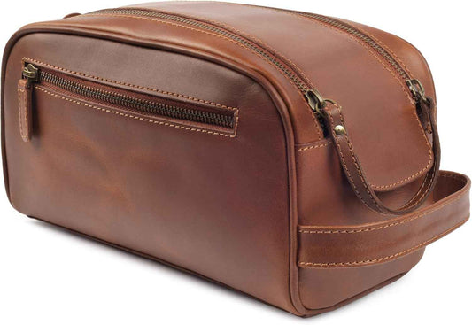 MDS® Genuine Leather Toiletry Bag for Men - Unisex Rustic Classic Vintage Handcrafted Full-Grain Leather Travel Dopp Kit with Waterproof Lining & Handle, Shaving & Grooming Kit Organizer Pouch, Tan