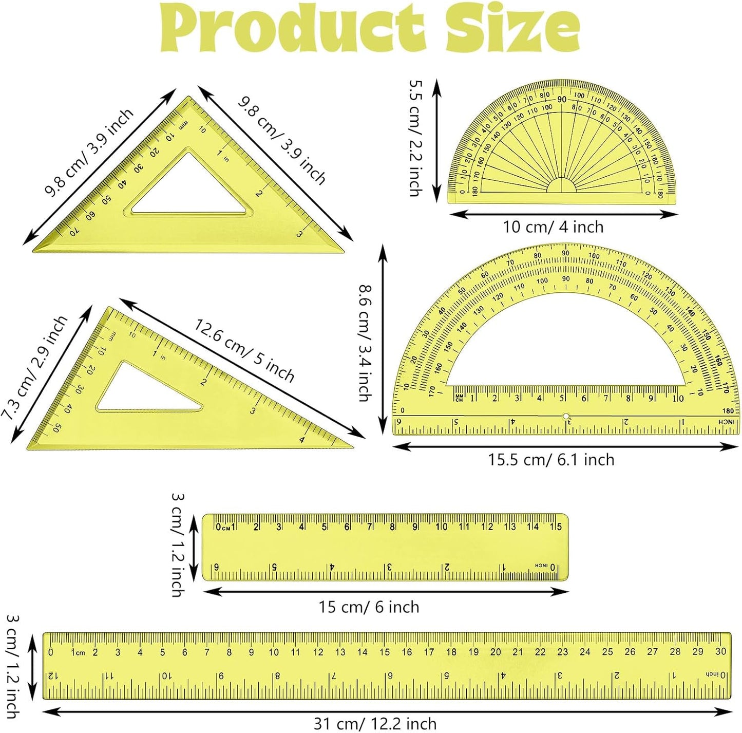 Tenare 1 Set Plastic Clear Math Set Includes Protractor Triangle Rulers 12 Inch 6 Inch Straight Geometry Math Transparent Ruler Measuring Tool for School Office Home Supplies(Yellow)