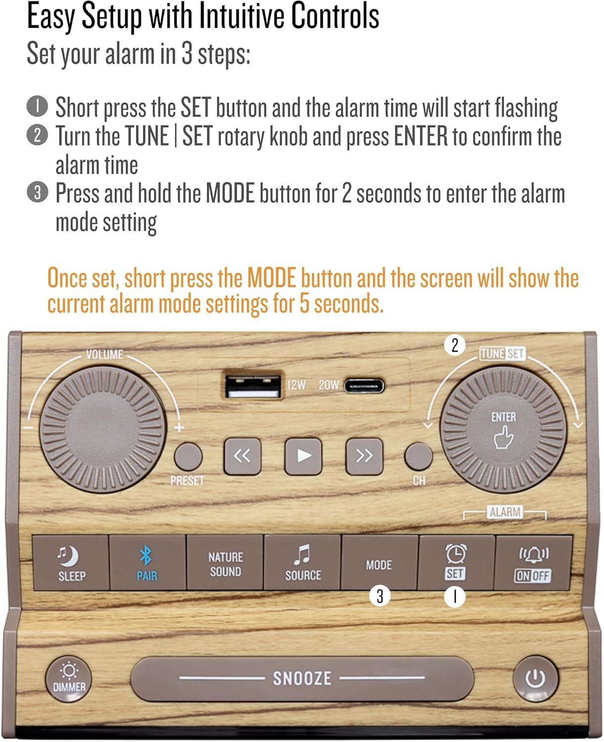 Sound Rise II, SFQ-16: Bedside Alarm Clock Radio & Bluetooth Speaker, with Large Display Screen, FM Radio, Fast USB Charging, and Nature Sound