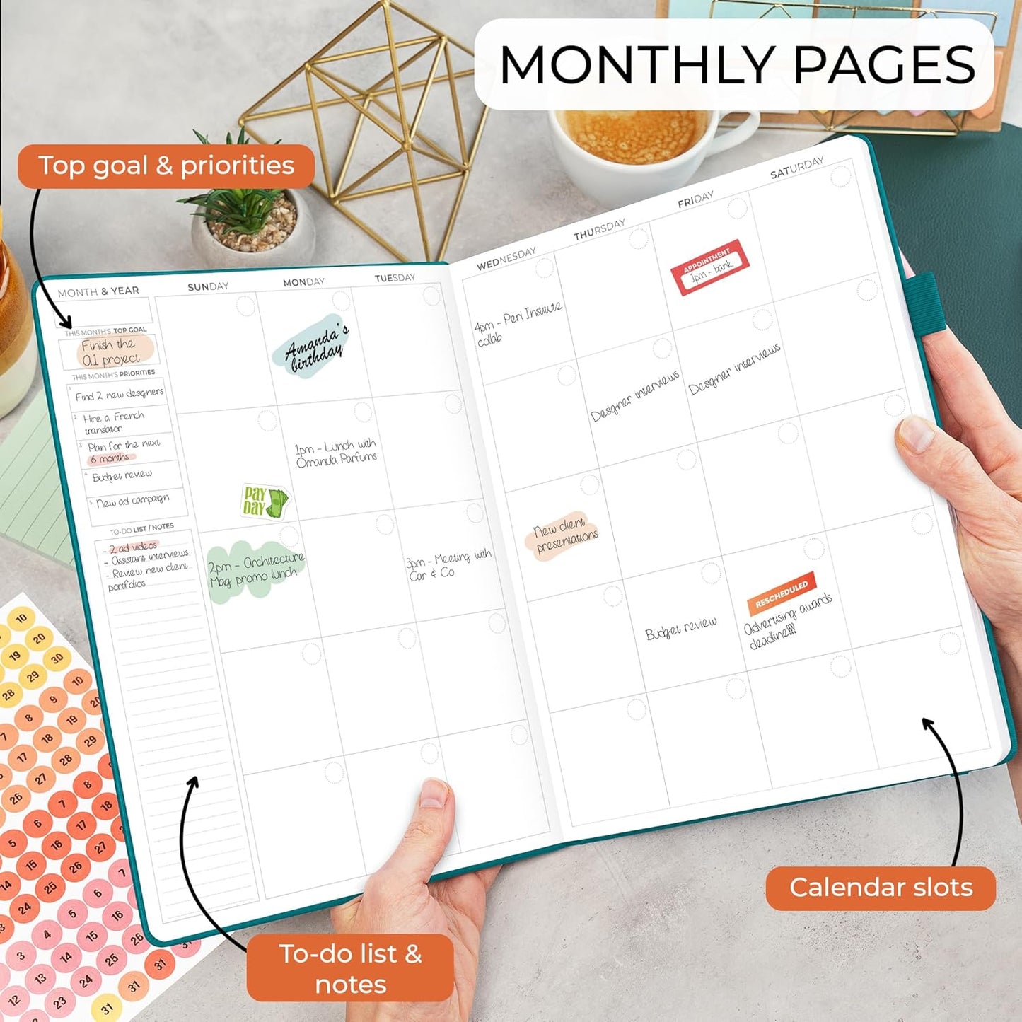 Clever Fox Appointment Book – Hourly Schedule Planner with 15-Minute Increments – Time Box Planner for Daily Work & To-Dos – Weekly & Monthly Spreads, Undated, Hardcover, 8.3x11″ (Dark Teal)