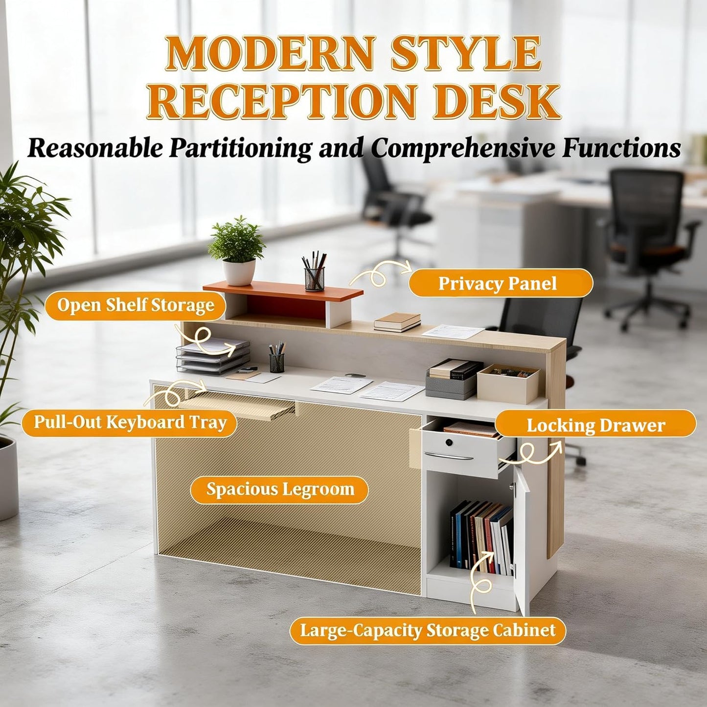 Modern Reception Desk with Counter & LED,Front Office Desk with Drawer, Keyboard Tray & Cabinet, White Stone Look & Wood for Hotel, Salon, Retail, Office Lobby (Right, 70.86 in)