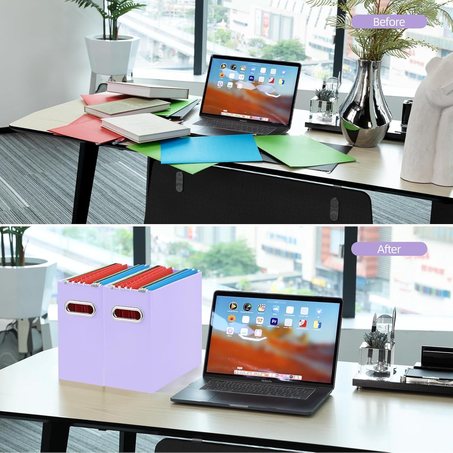 Oterri File Organizer, 2 Packs Small Storage Box, Cardboard File Folder Organizer, Collapsible File Box for Hanging File Folders Letter Size, Portable Filing Organizer with Handle (Purple)
