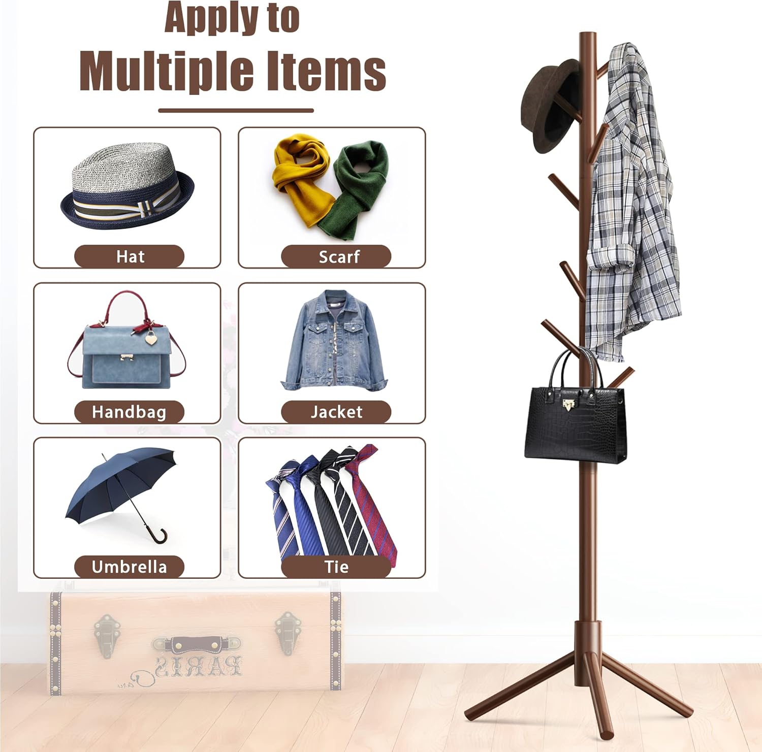 Haddockway Wooden Coat Rack Stand with 8 Hooks New Zealand Pine 3 Adjustable Coat Standing Tree Easy Assembly for Coats, Hats, Scarves and Handbags for Entryway, Hallway, Bedroom, Office,2 PCS - Lumora Desk