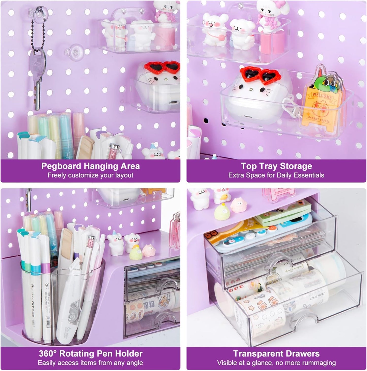 Comix Desk Organizer with Drawer, 360° Rotating Pen Holder for Desk, Pen Organizer with 5 Slots Pencil Holder+Pegboard+2 Drawer for Office Home Art Supplies (Purple)