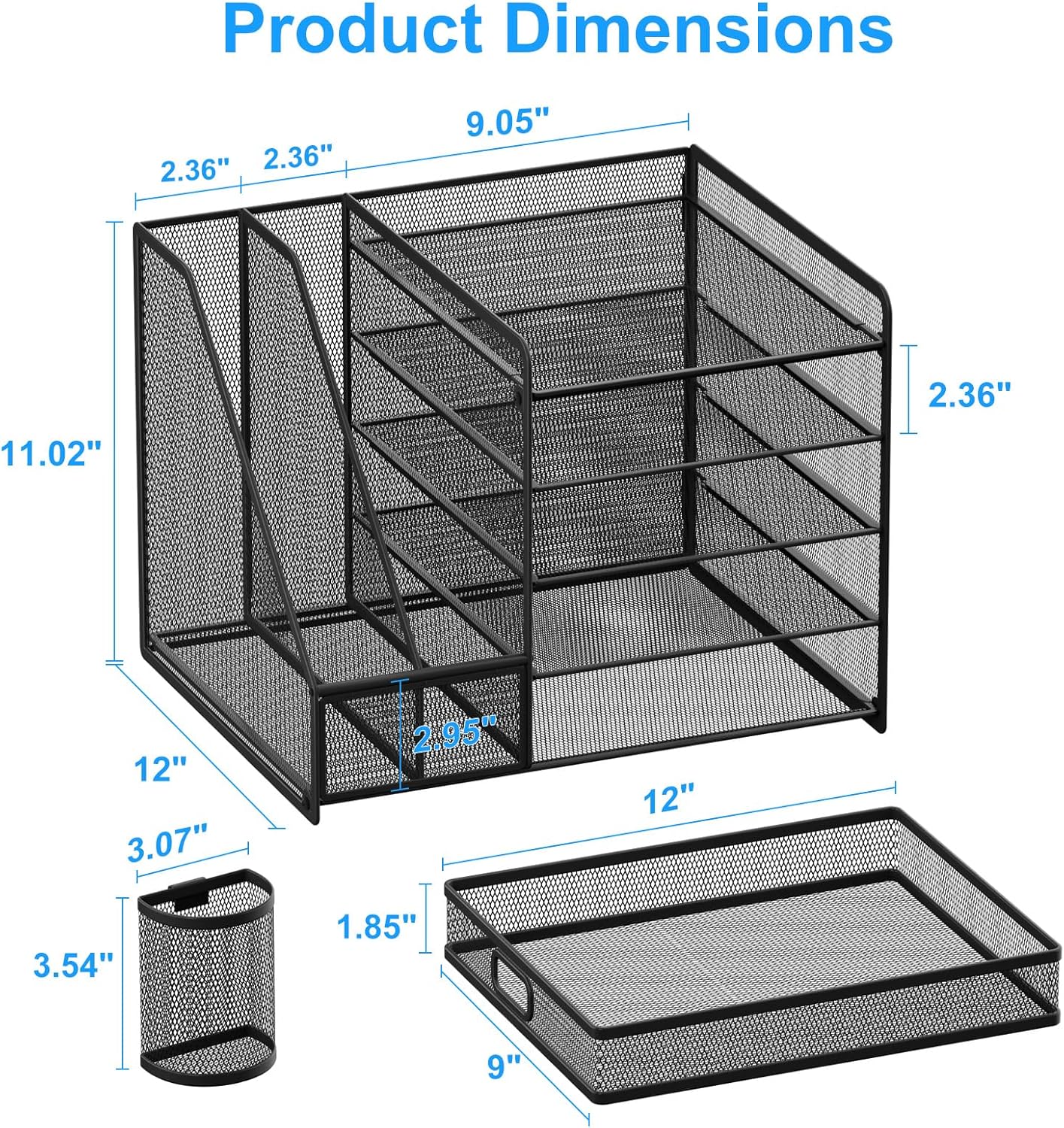 Lavatino Desk Organizer with File Holder, 5-Tier Paper Letter Tray Organizer with Sliding Drawer and 2 Pen Holder, Mesh Desktop File Organizer for Office Supplies (Black)