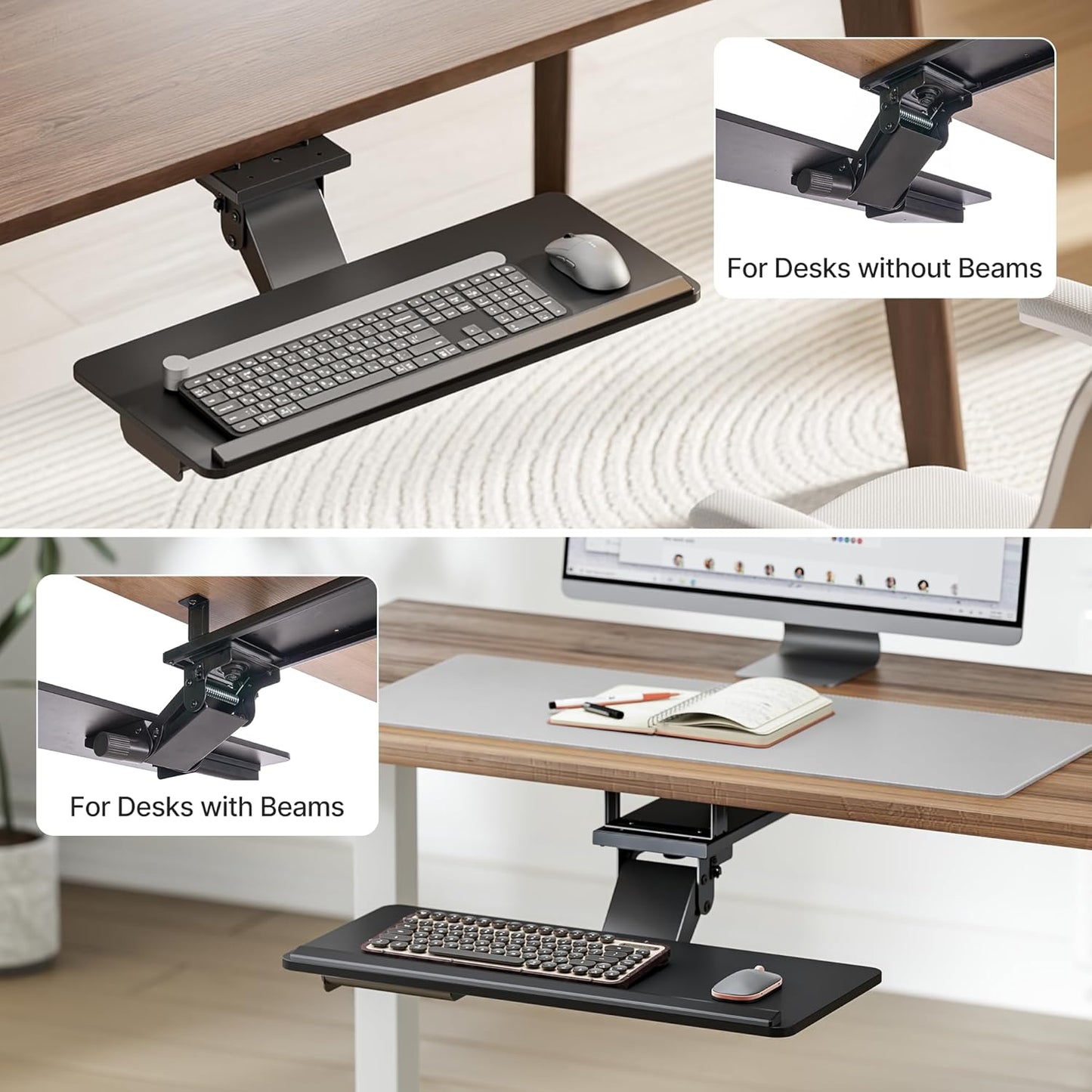 Keyboard Tray Under Desk with Storage Drawer, Height Adjustable Keyboard Tray Slide Out Swivel Tilt, Ergonomic Under Desk Mount Keyboard & Mouse Holder for Gaming Home Office, 25x11'', Black