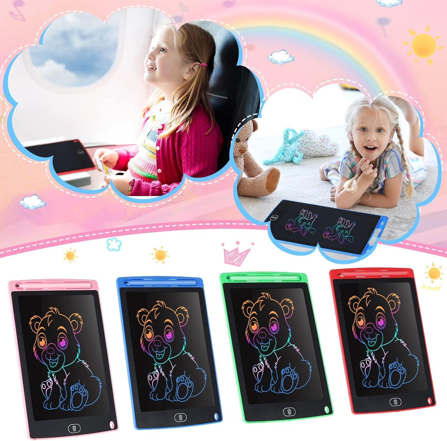 Tinlade 12 Pack LCD Writing Drawing Tablets 8.5 Inch Bulk Colorful Doodle Board Erasable Electronic Painting Drawing Pads Learning Toy Gifts for Kids Christmas School(Pink, Green, Red, Blue)