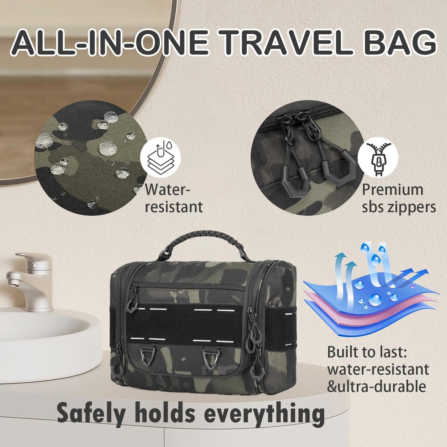 Tactical Toiletry Bag for Men - Hanging Dropp Kit Mens Toiletry Travel Bag for Toiletries, Traveling & Shaving Kit, Hygiene Bag Shower Bathroom Organizer with Handle & Swivel Hook, Black CM