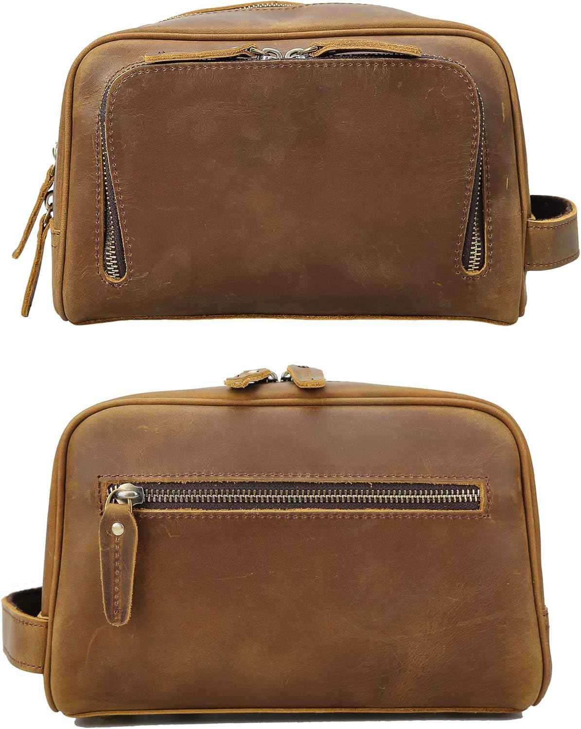 Polare Vintage Full Grain Leather Handmade Travel Toiletry Bag for Men - Dopp Kit - Shaving Kit with YKK Metal Zippers A-Brown
